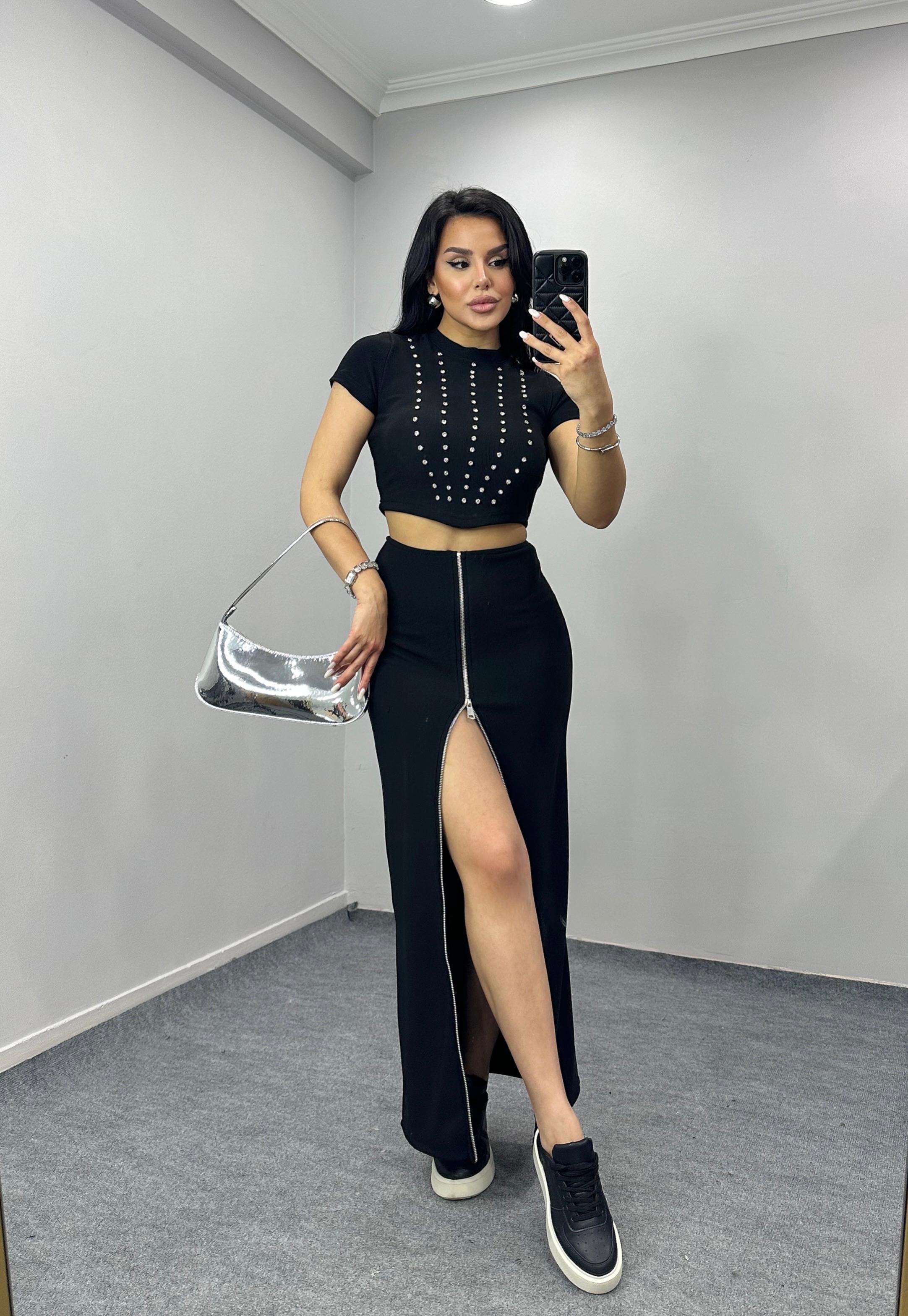 Java Taşlı Crop Siyah