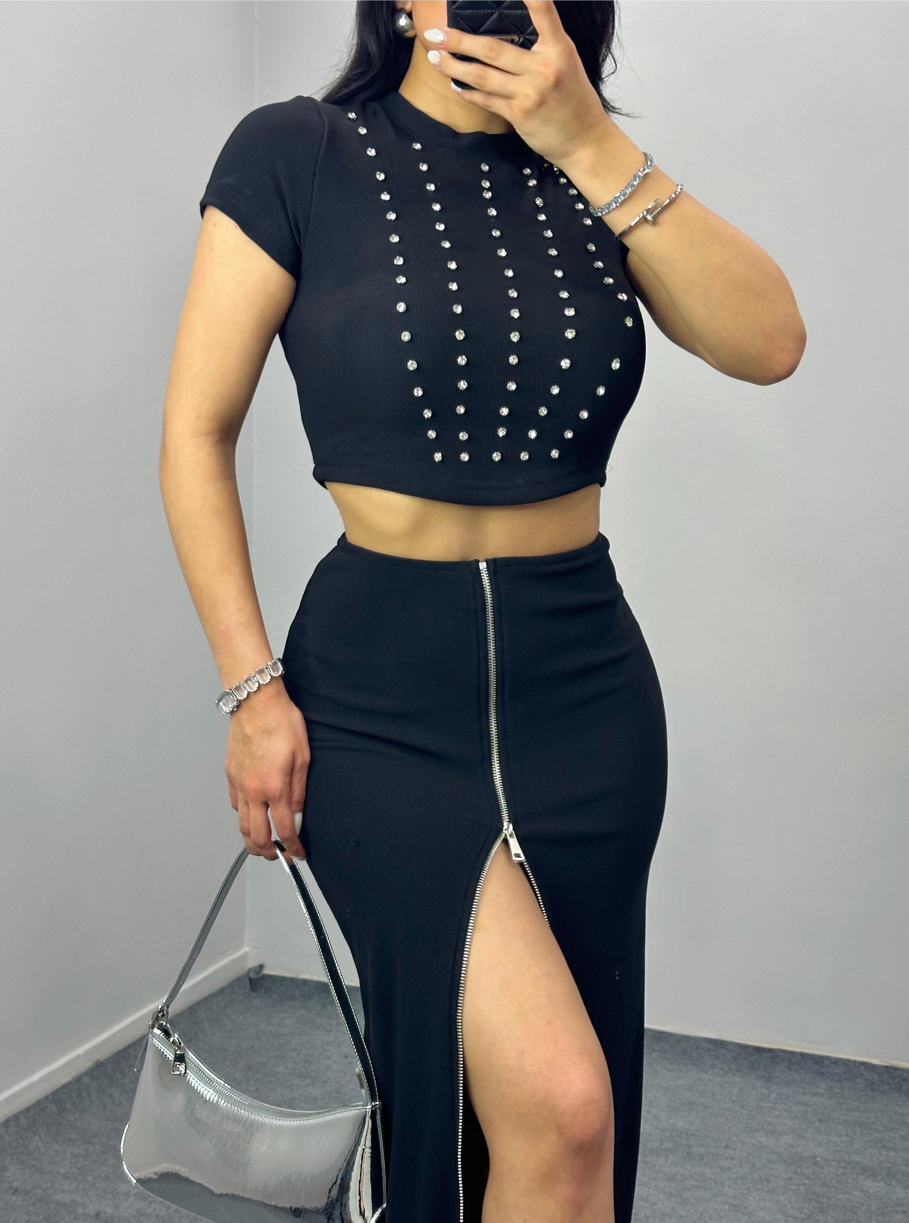 Java Taşlı Crop Siyah
