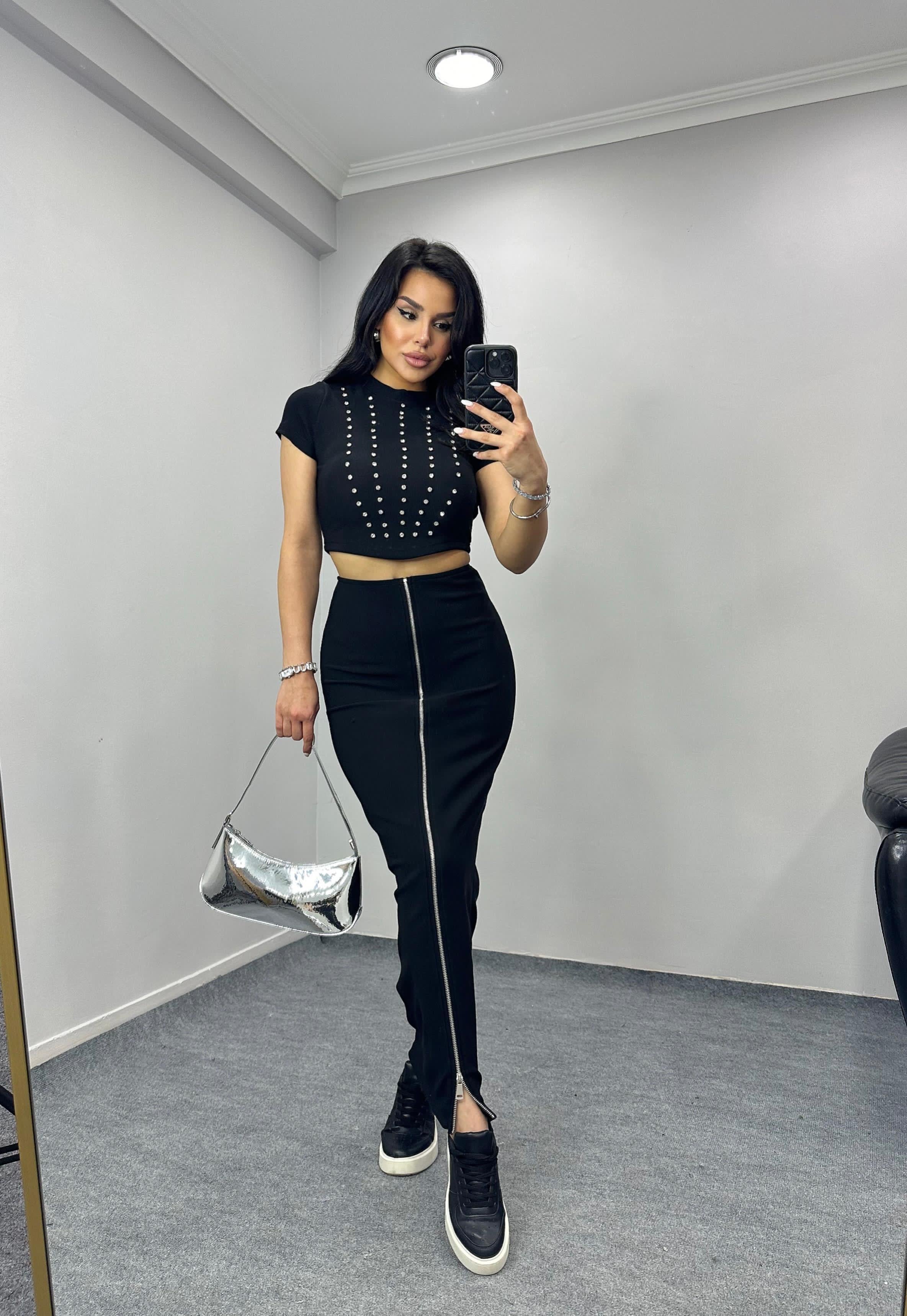 Java Taşlı Crop Siyah