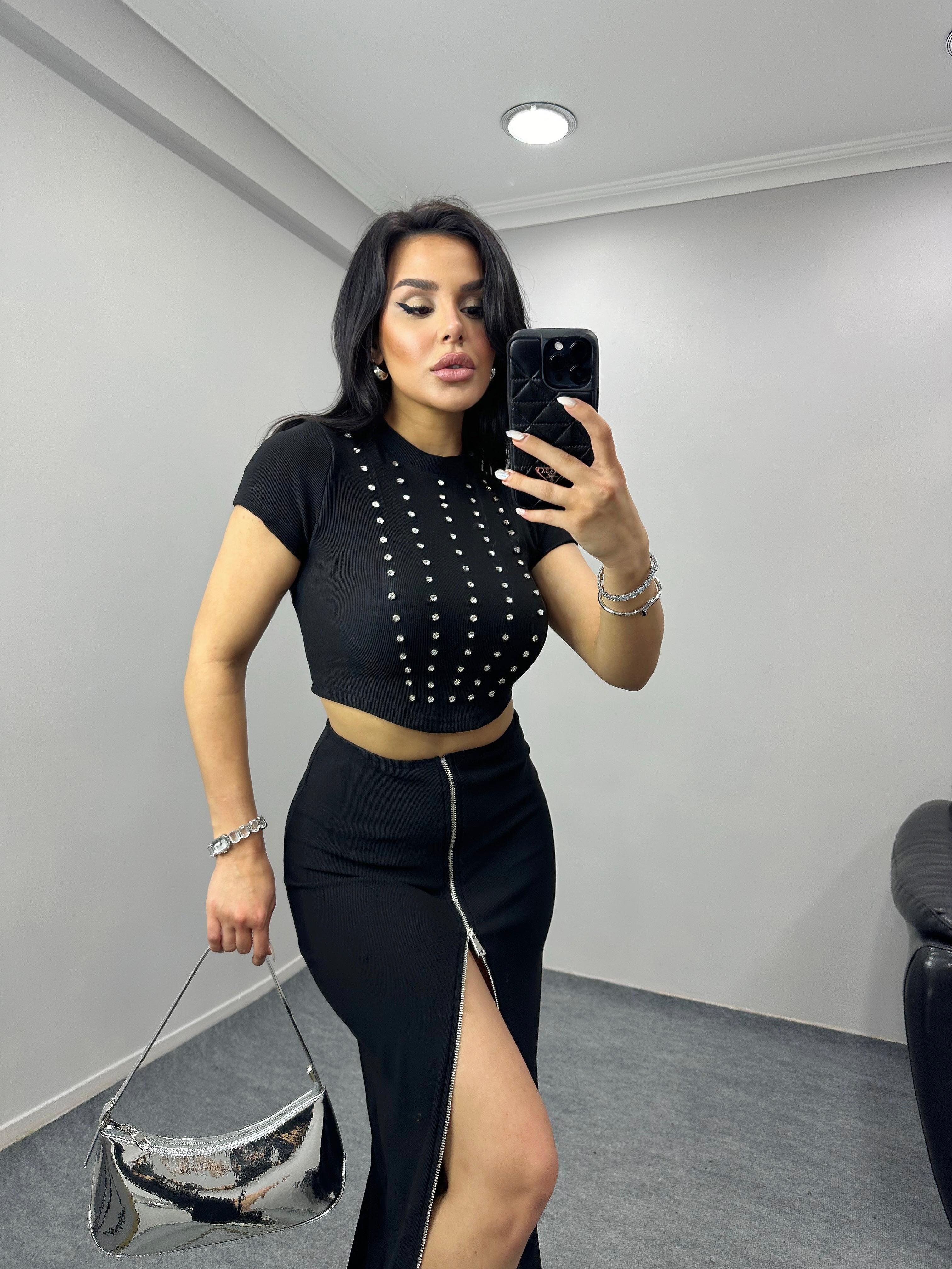 Java Taşlı Crop Siyah