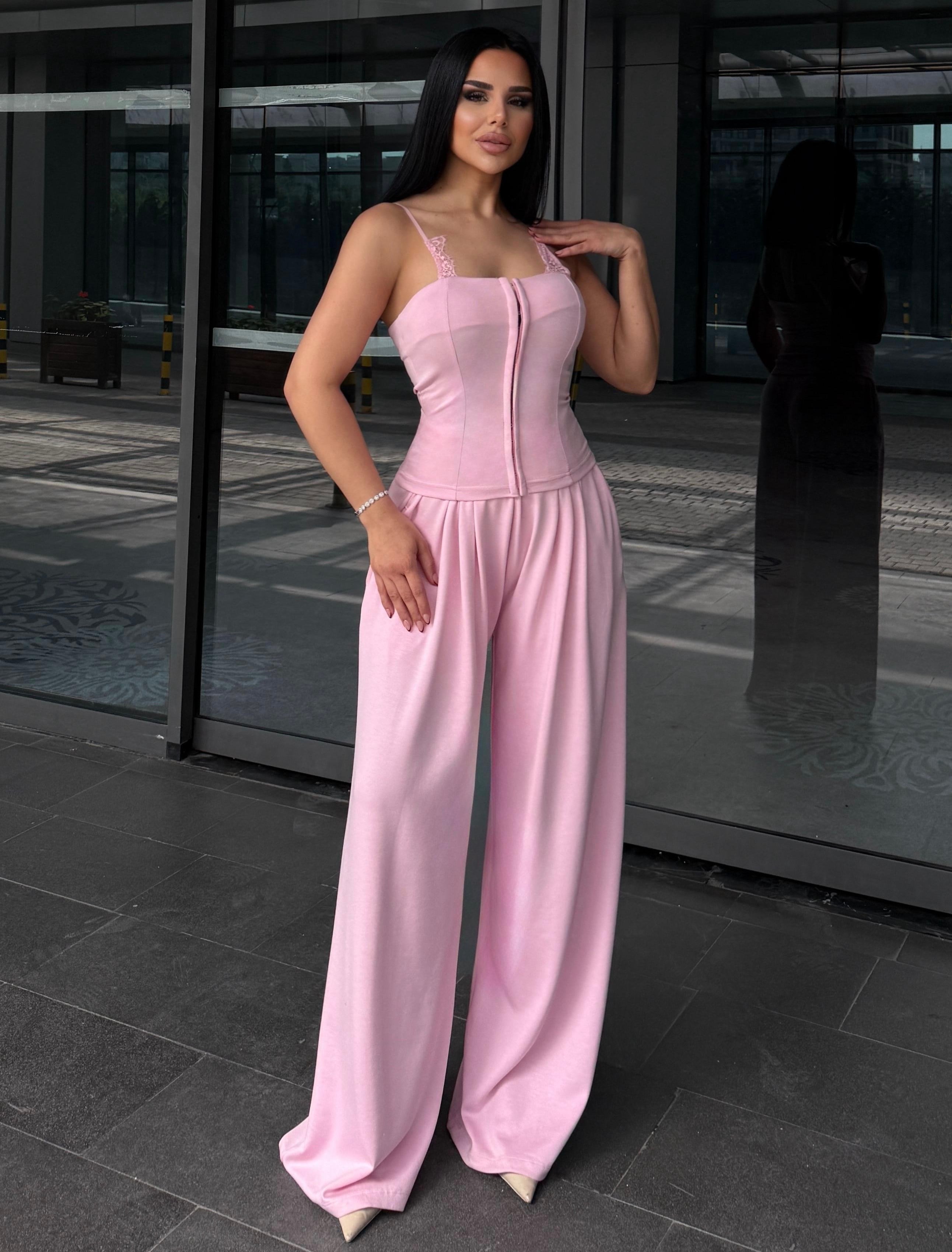 Jermin Dantel Detaylı Takım Pembe
