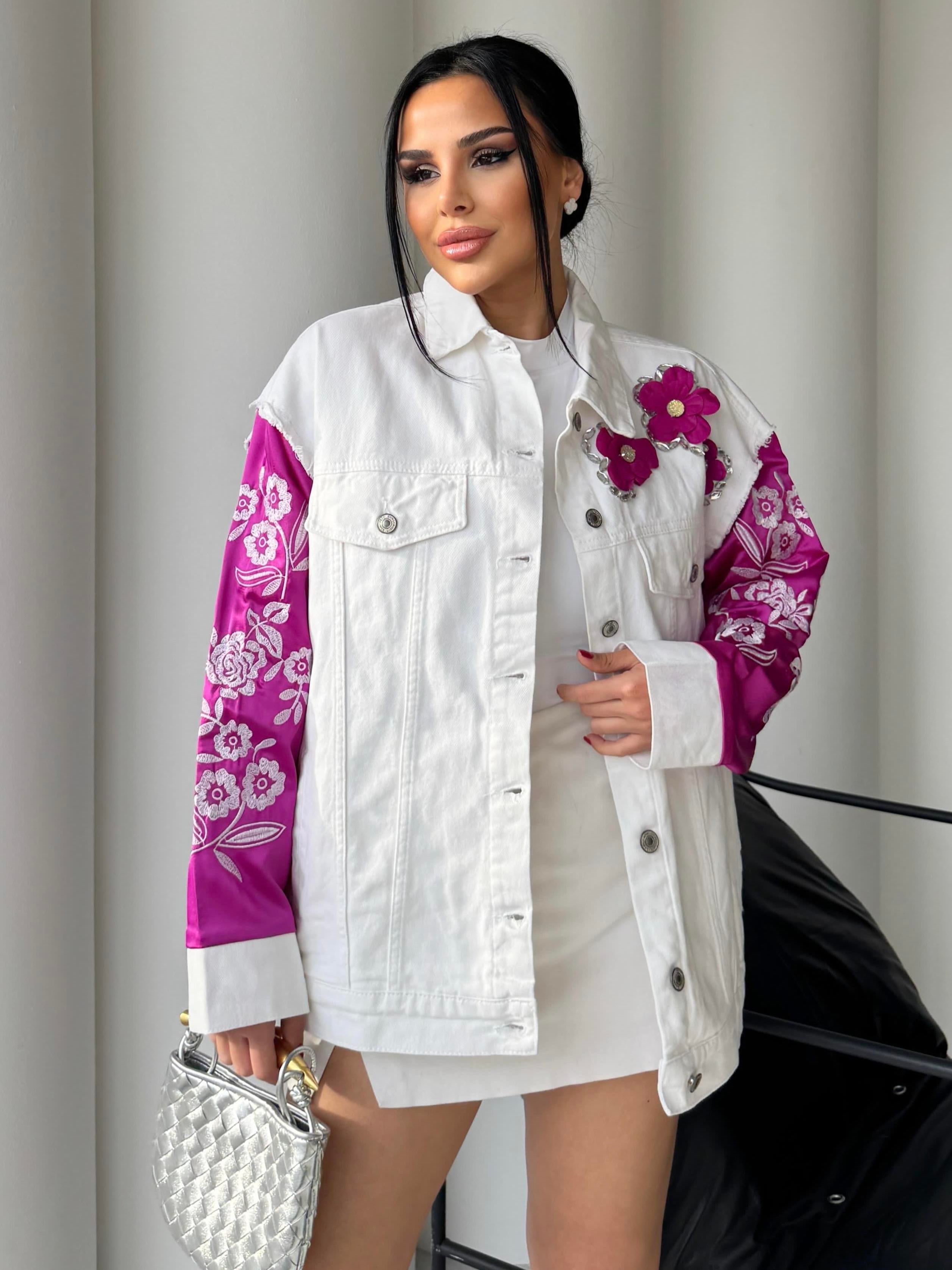 Juba Saten Kol Detaylı Çiçek Desenli Denim Ceket Fuşya