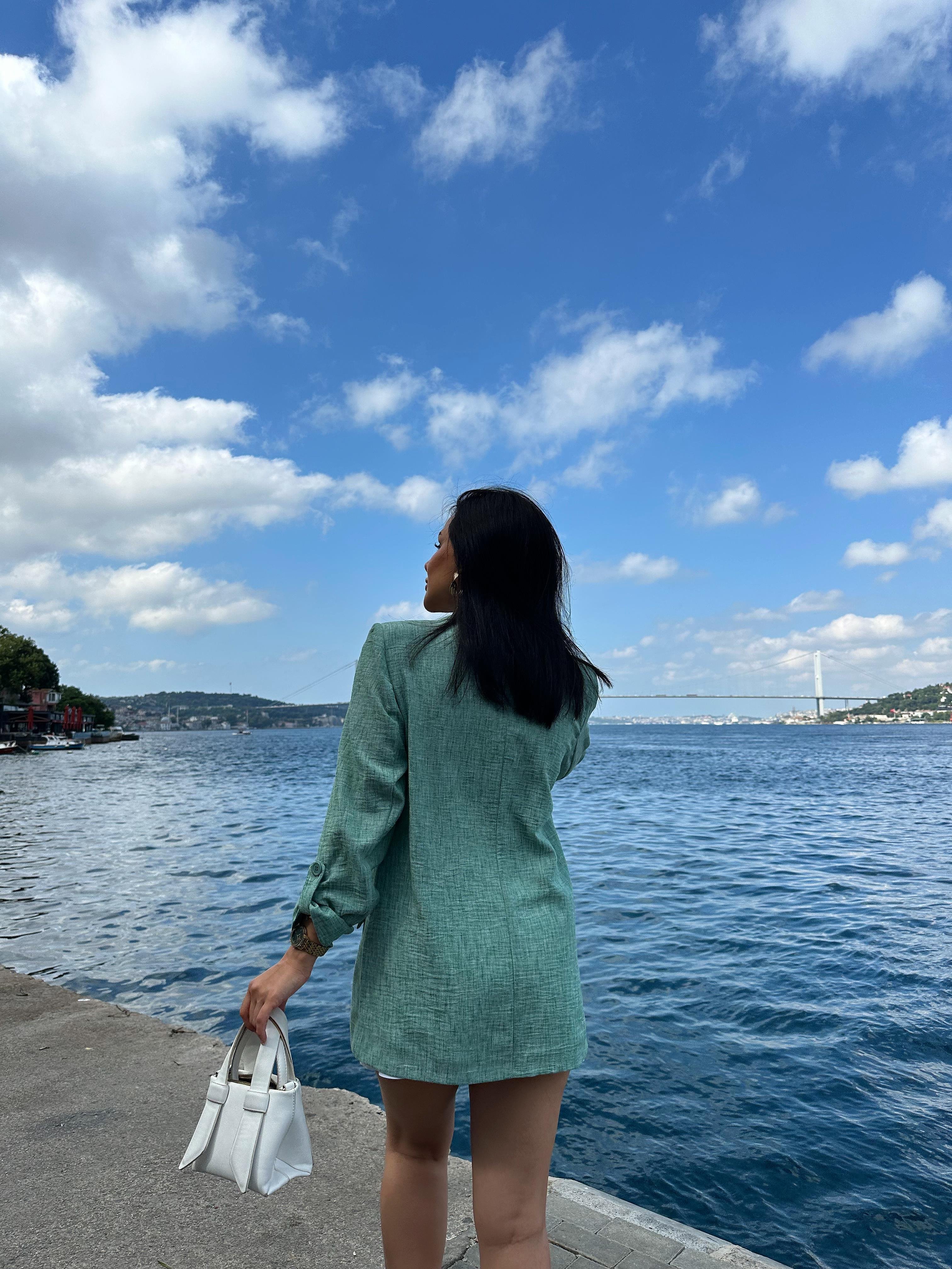 Keten Blazer Ceket Mint Yeşili