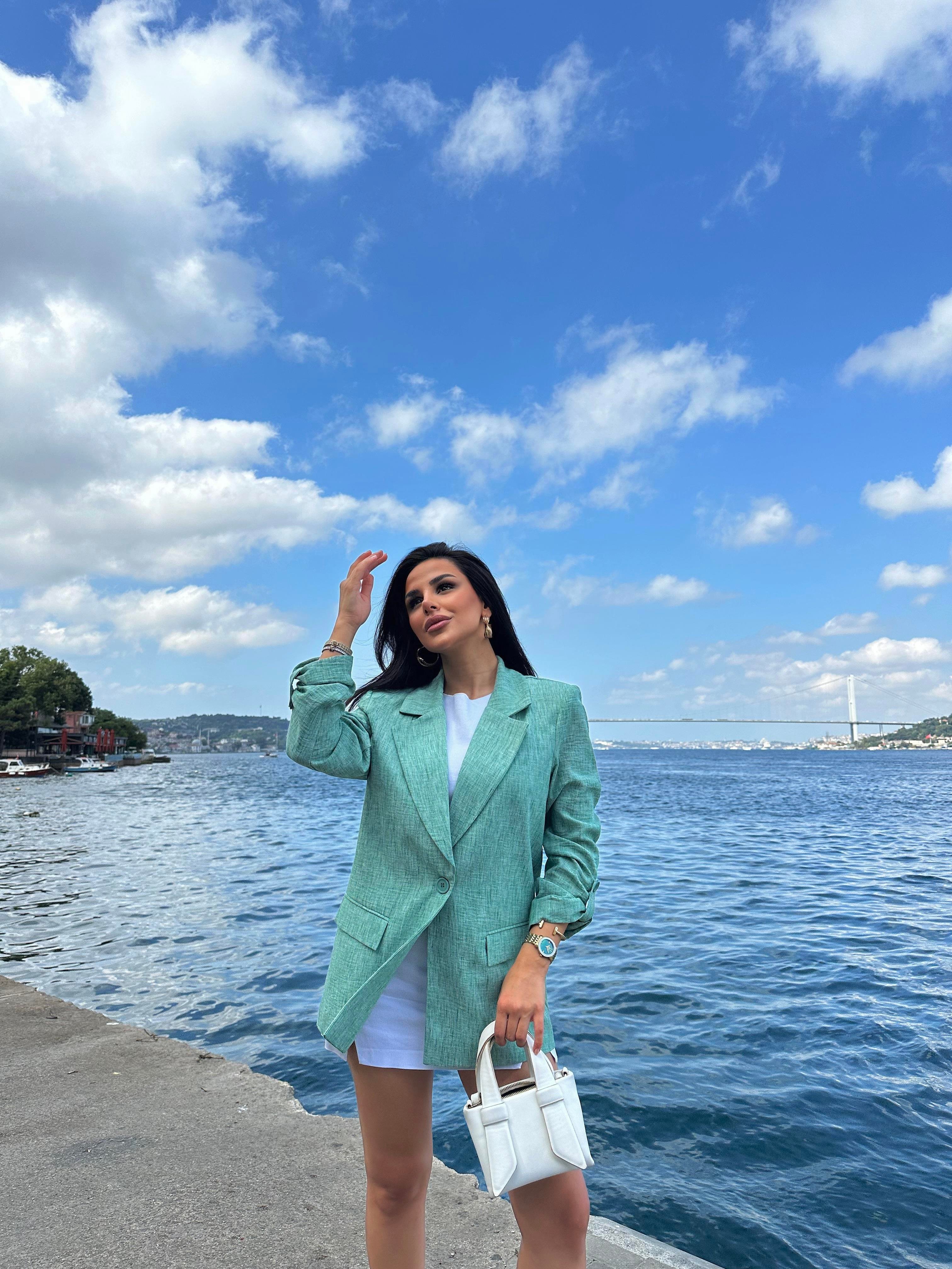 Keten Blazer Ceket Mint Yeşili
