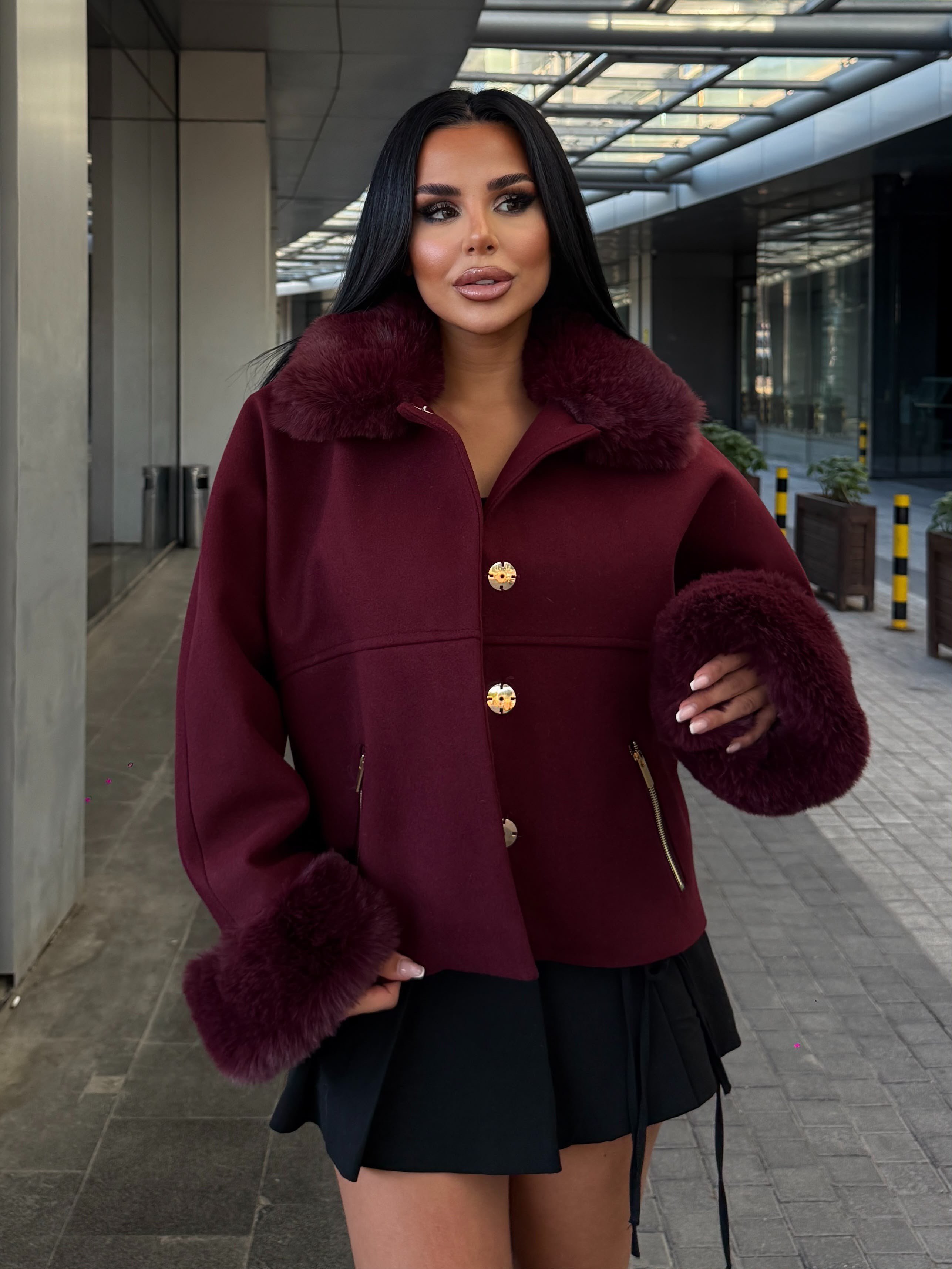 Laria Kürk Yaka Detaylı Kaban Bordo