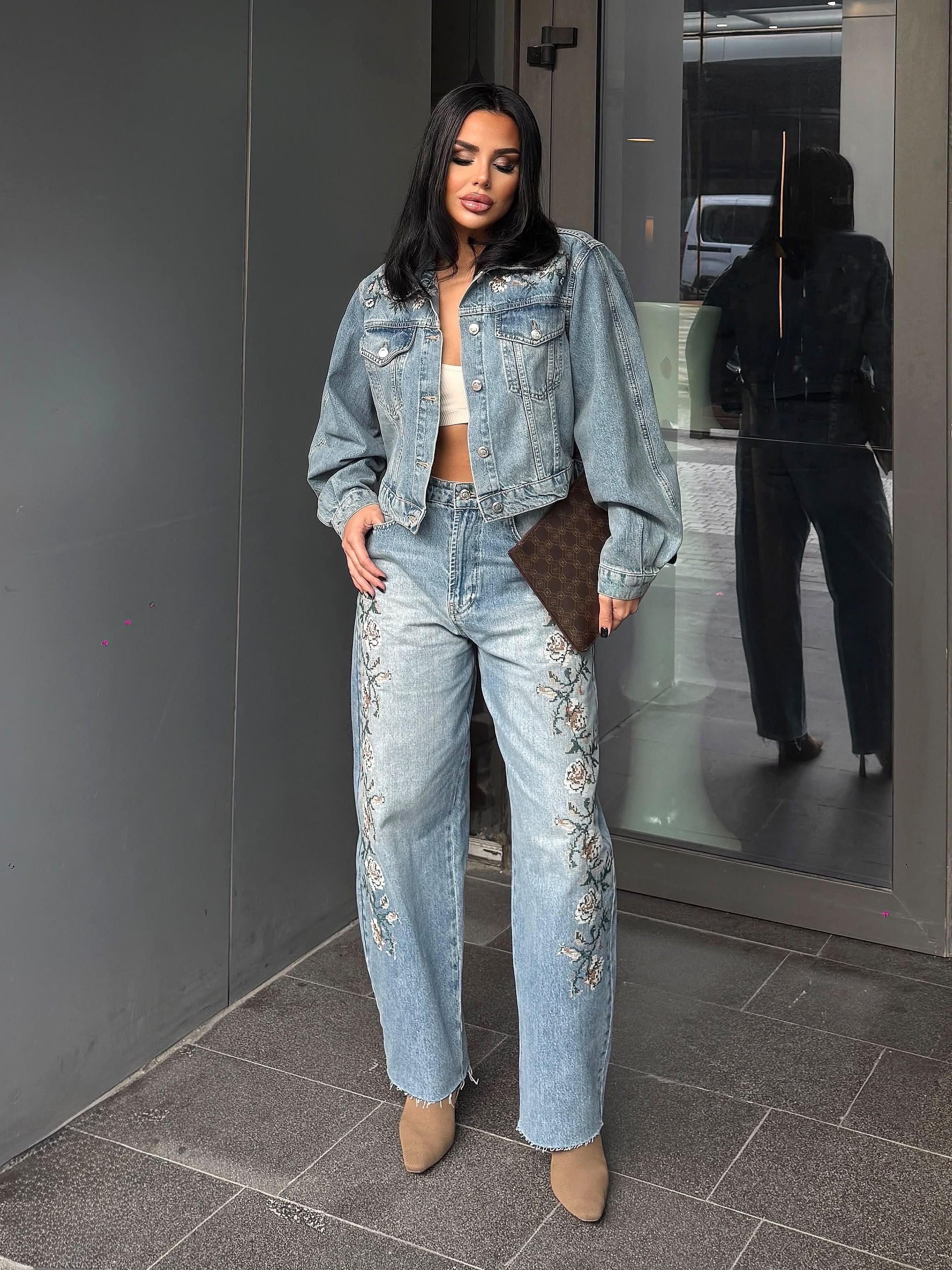 Lasiva Nakış Detaylı Denim Takım Mavi