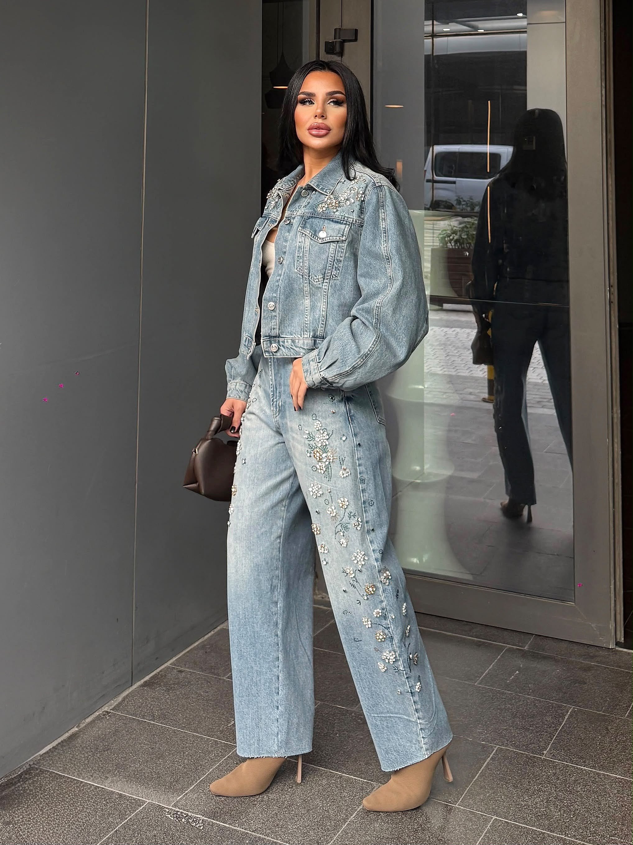 Leros Taş İşleme Detaylı Denim Takım Mavi
