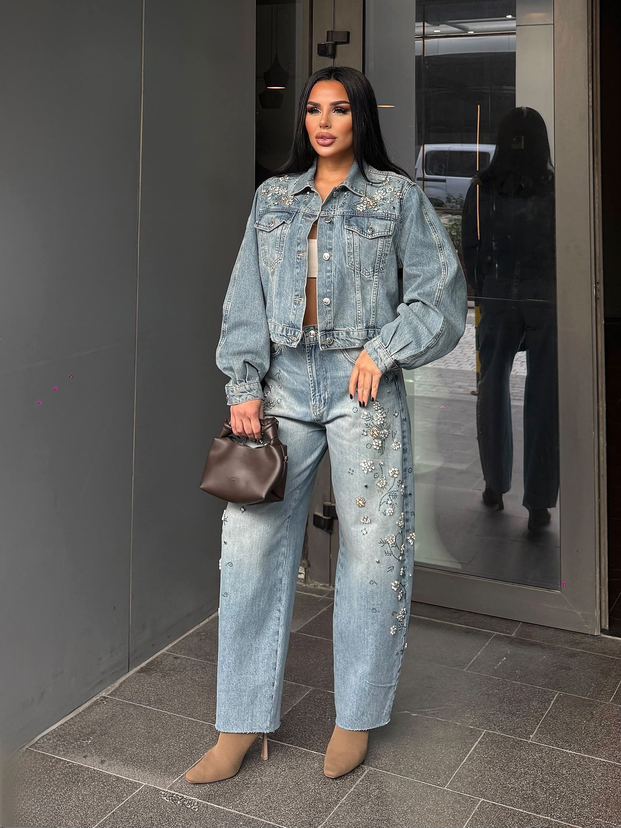 Leros Taş İşleme Detaylı Denim Takım Mavi