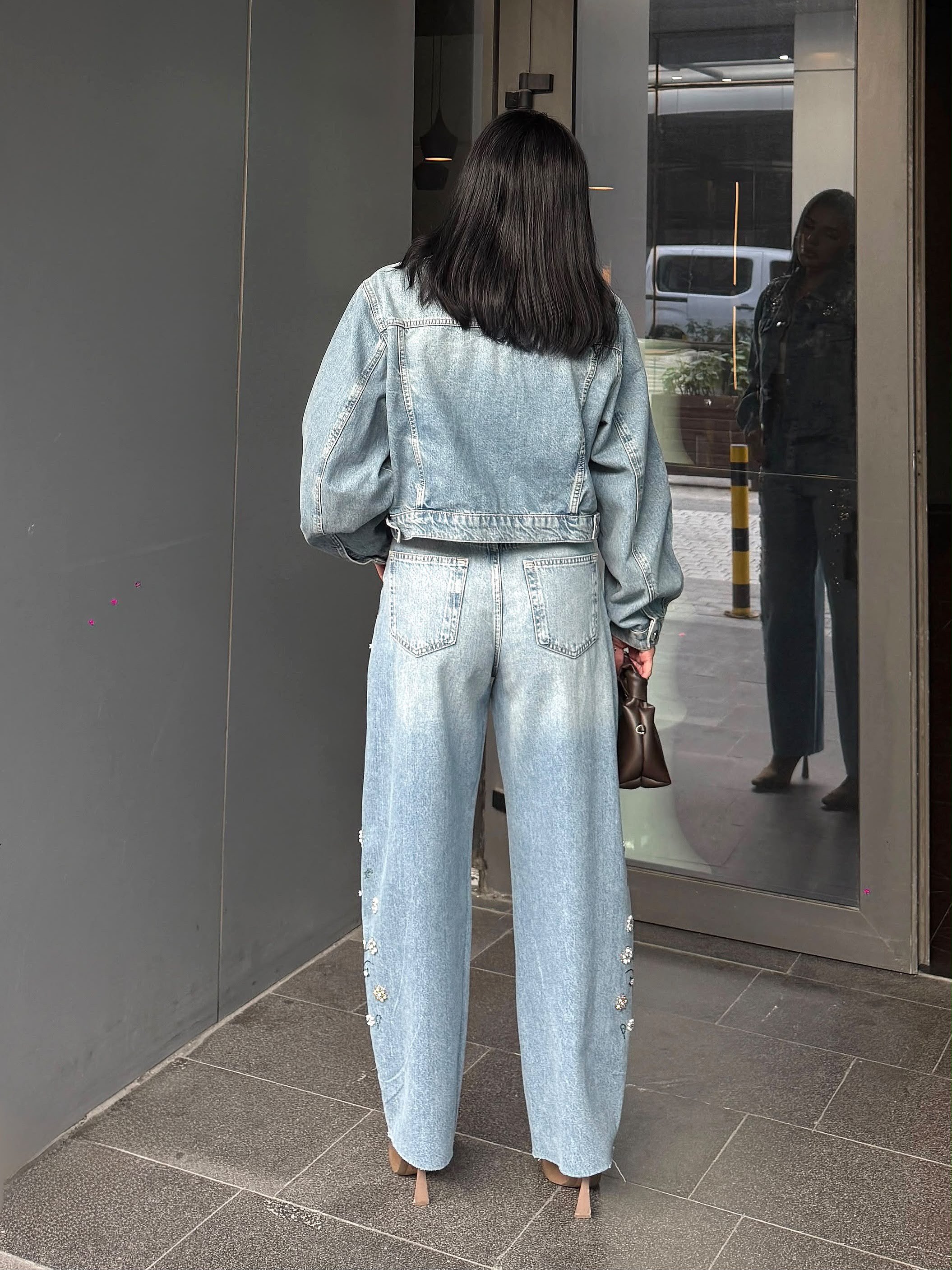 Leros Taş İşleme Detaylı Denim Takım Mavi