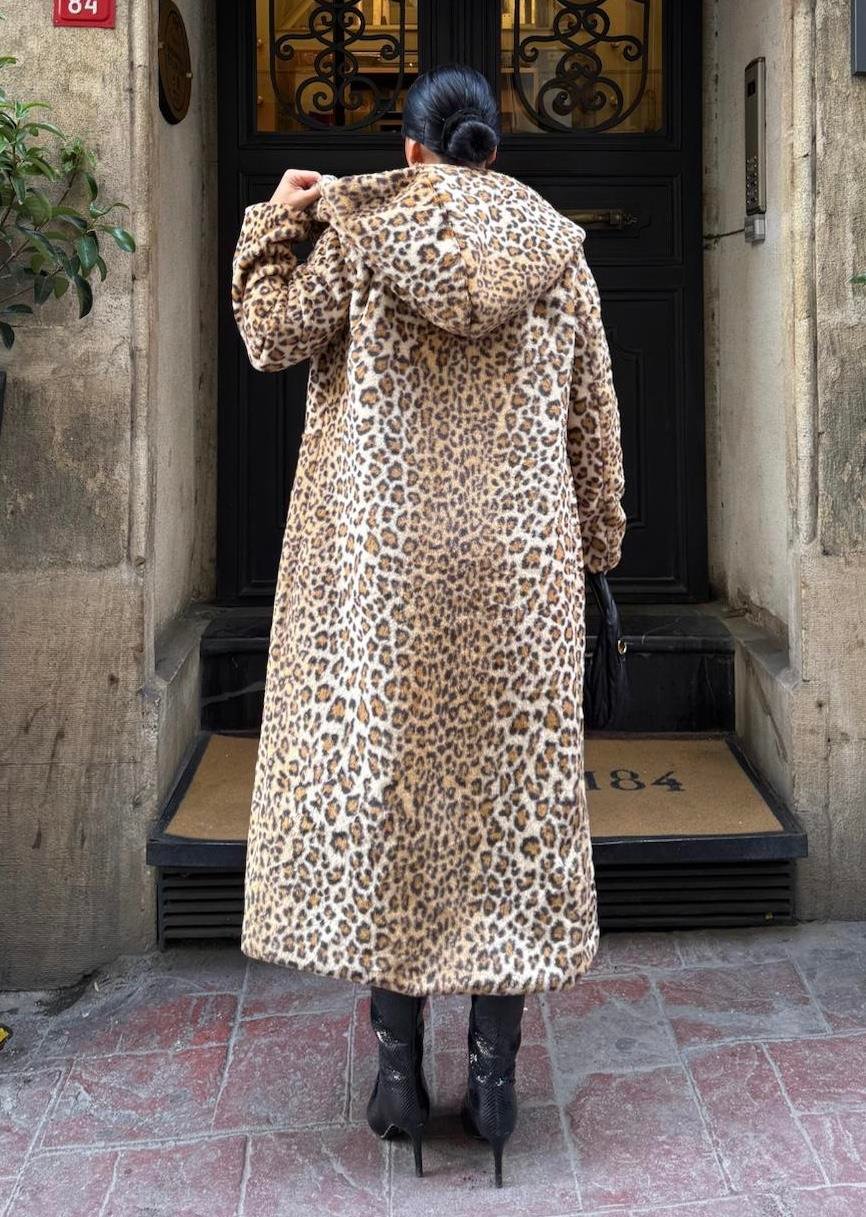 Lidya Kapşonlu Peluş Kürk Leopar Desen