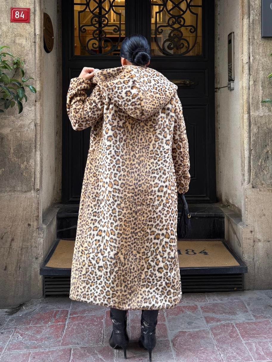 Lidya Kapşonlu Peluş Kürk Leopar Desen