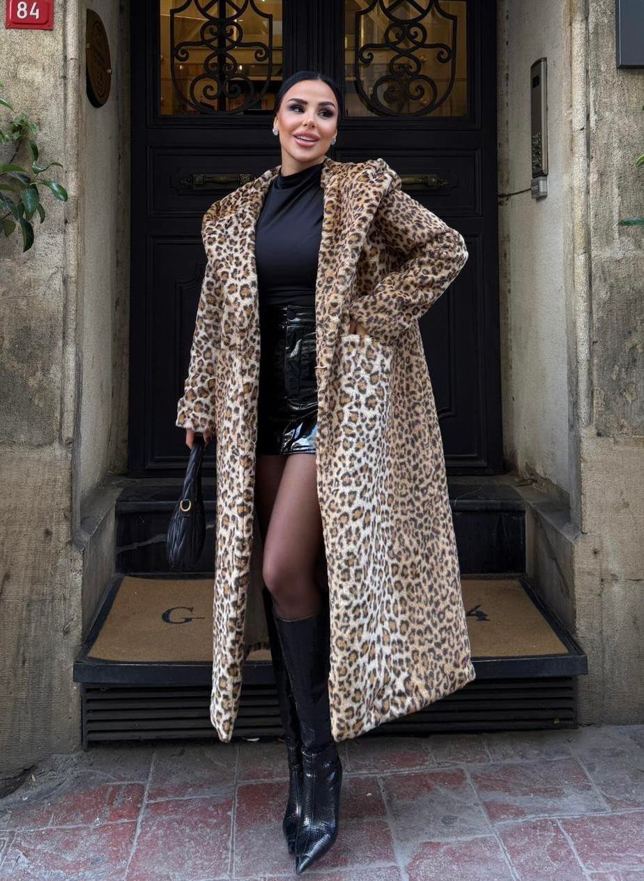 Lidya Kapşonlu Peluş Kürk Leopar Desen