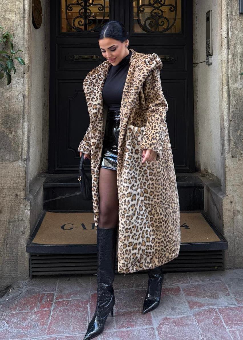 Lidya Kapşonlu Peluş Kürk Leopar Desen