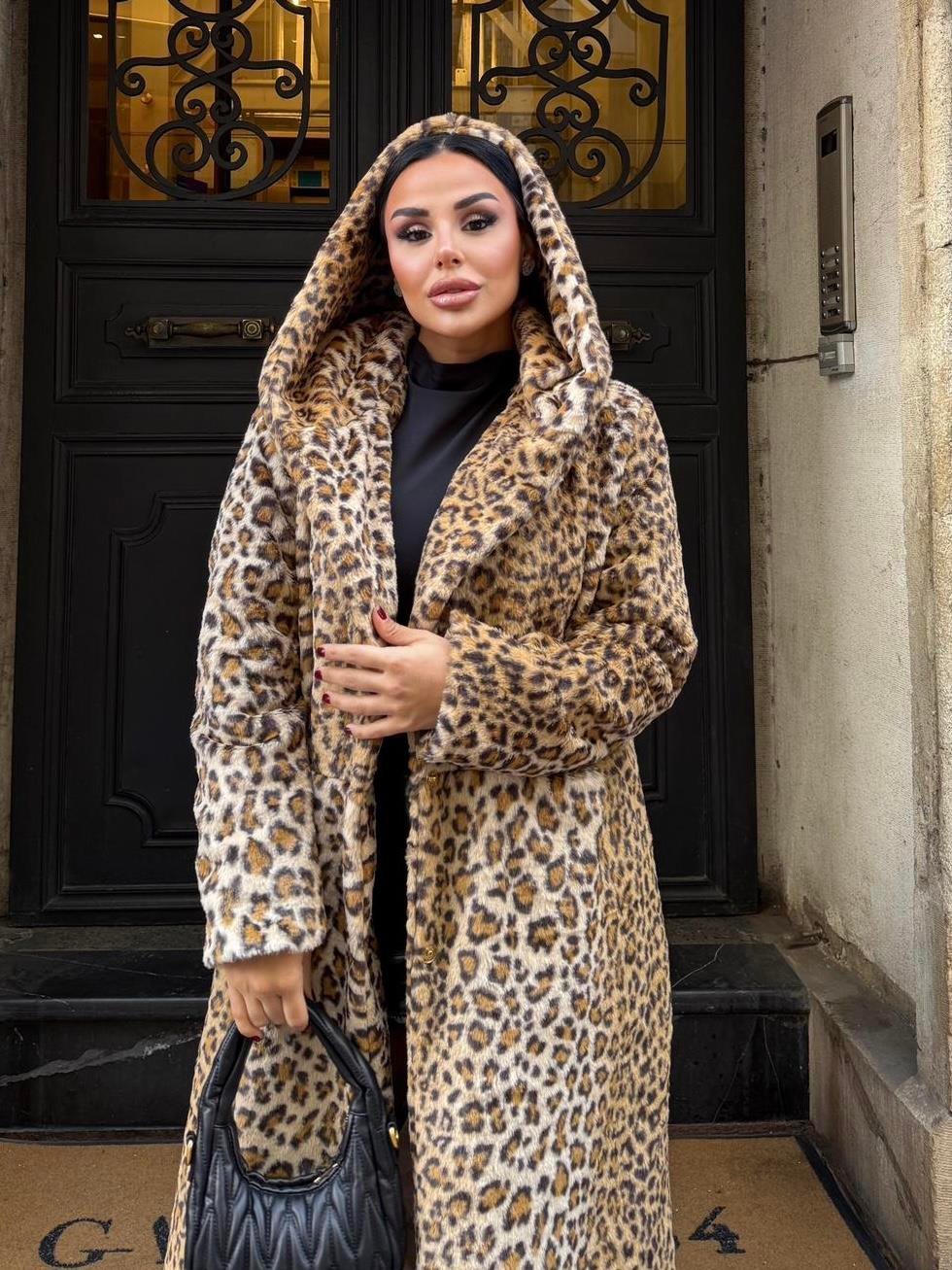Lidya Kapşonlu Peluş Kürk Leopar Desen