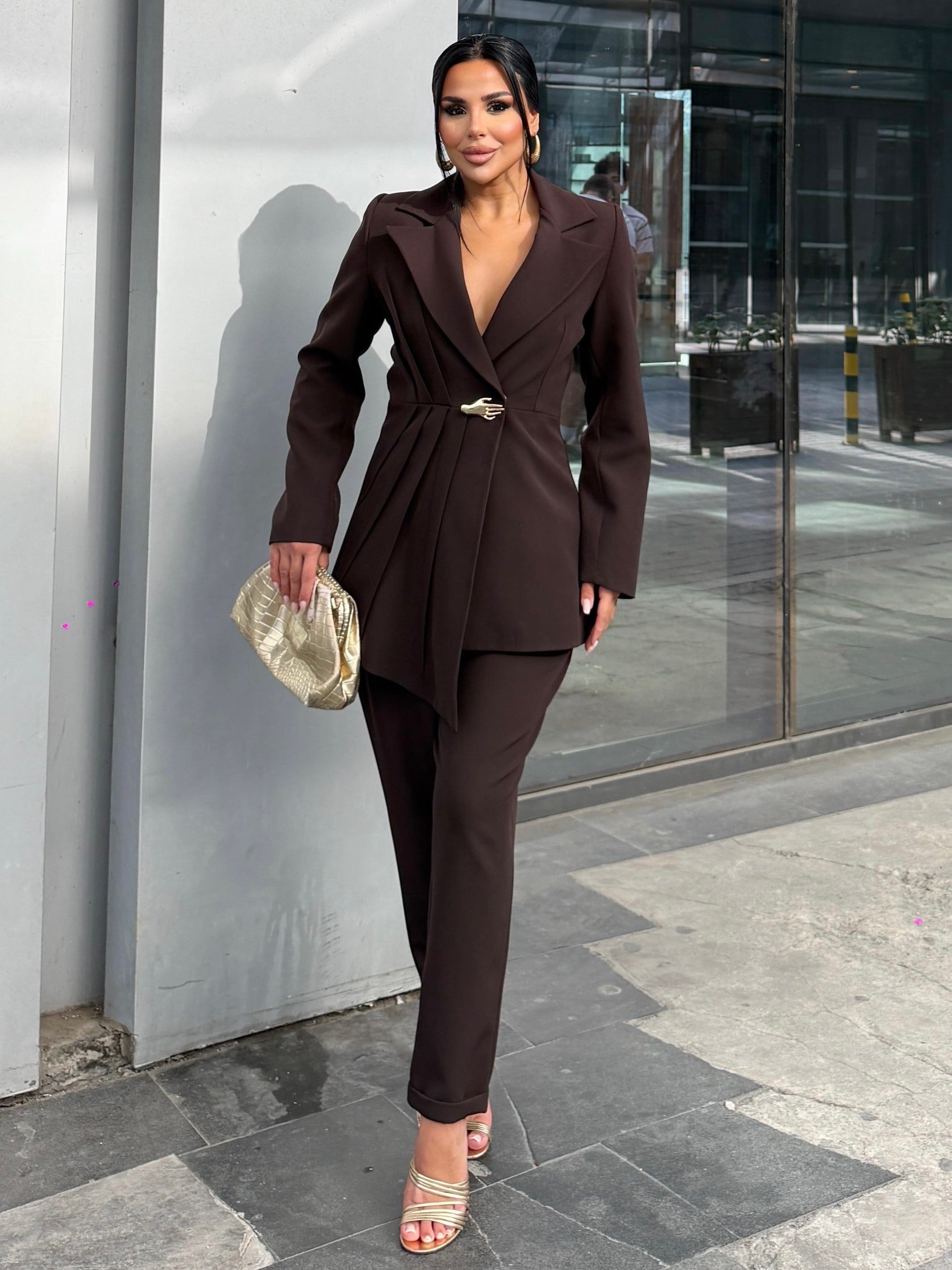 Linda Gold Toka Detaylı Takım Kahve