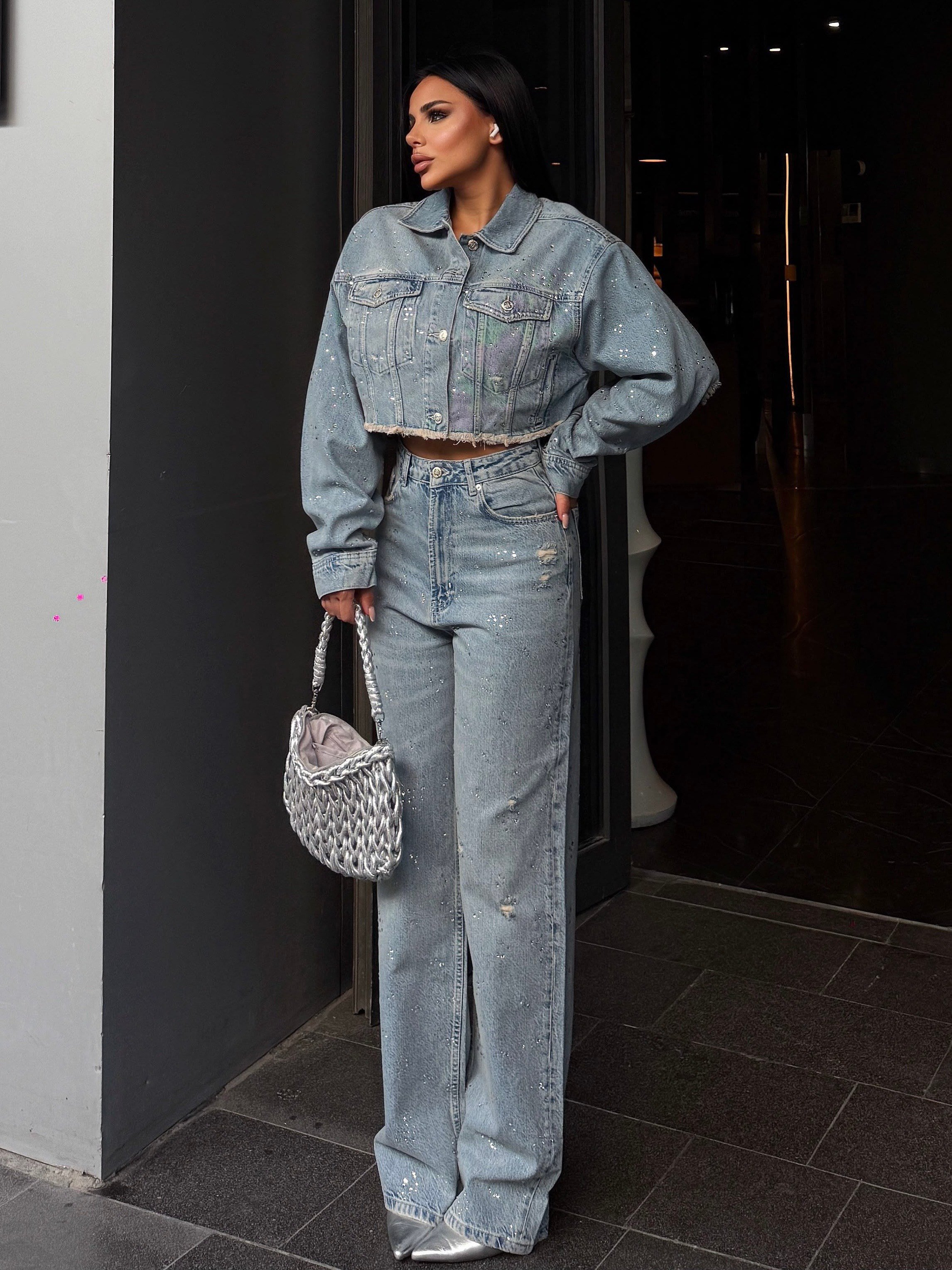 Loes Taş Detaylı Denim Takım Mavi