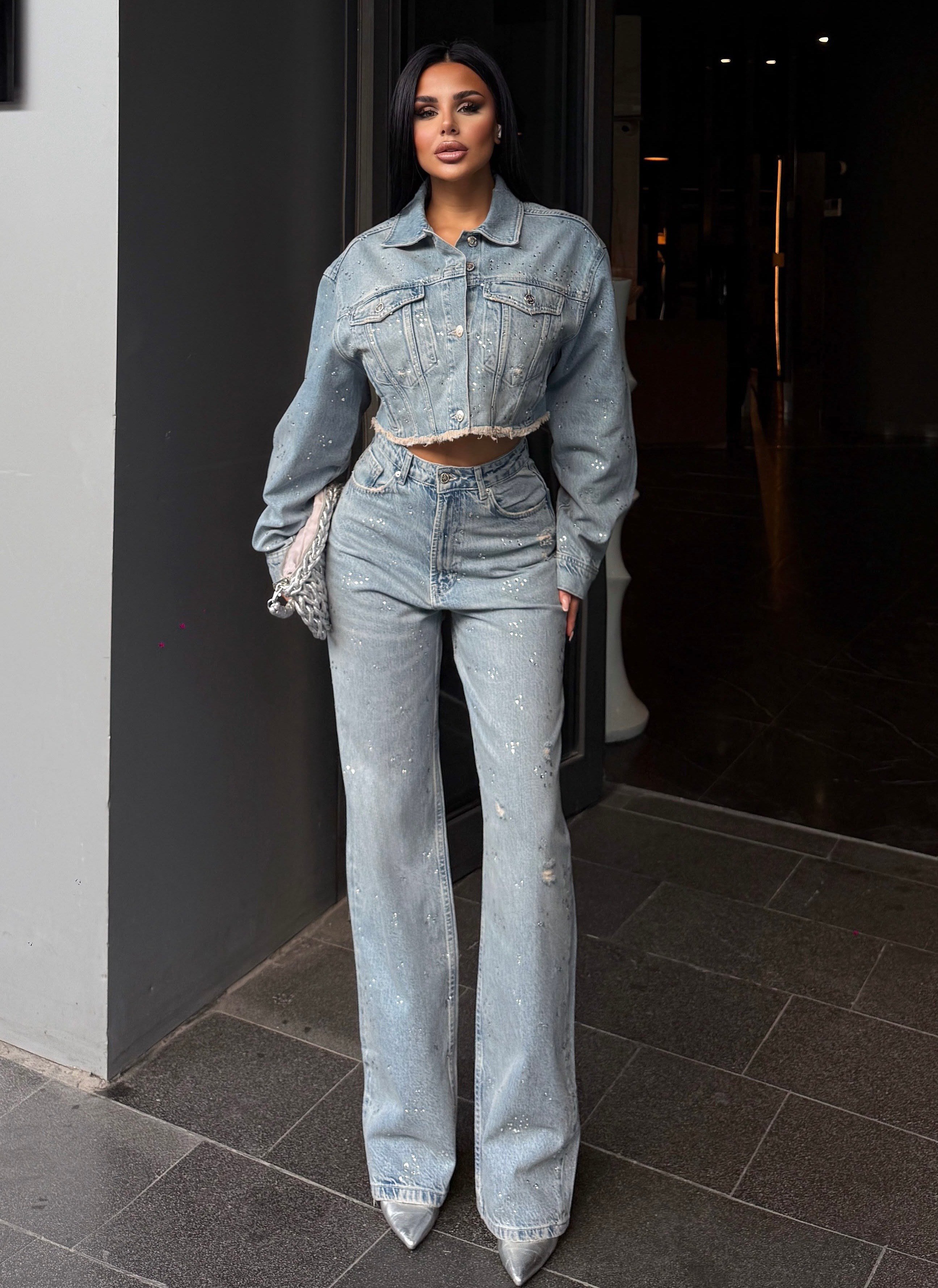 Loes Taş Detaylı Denim Takım Mavi