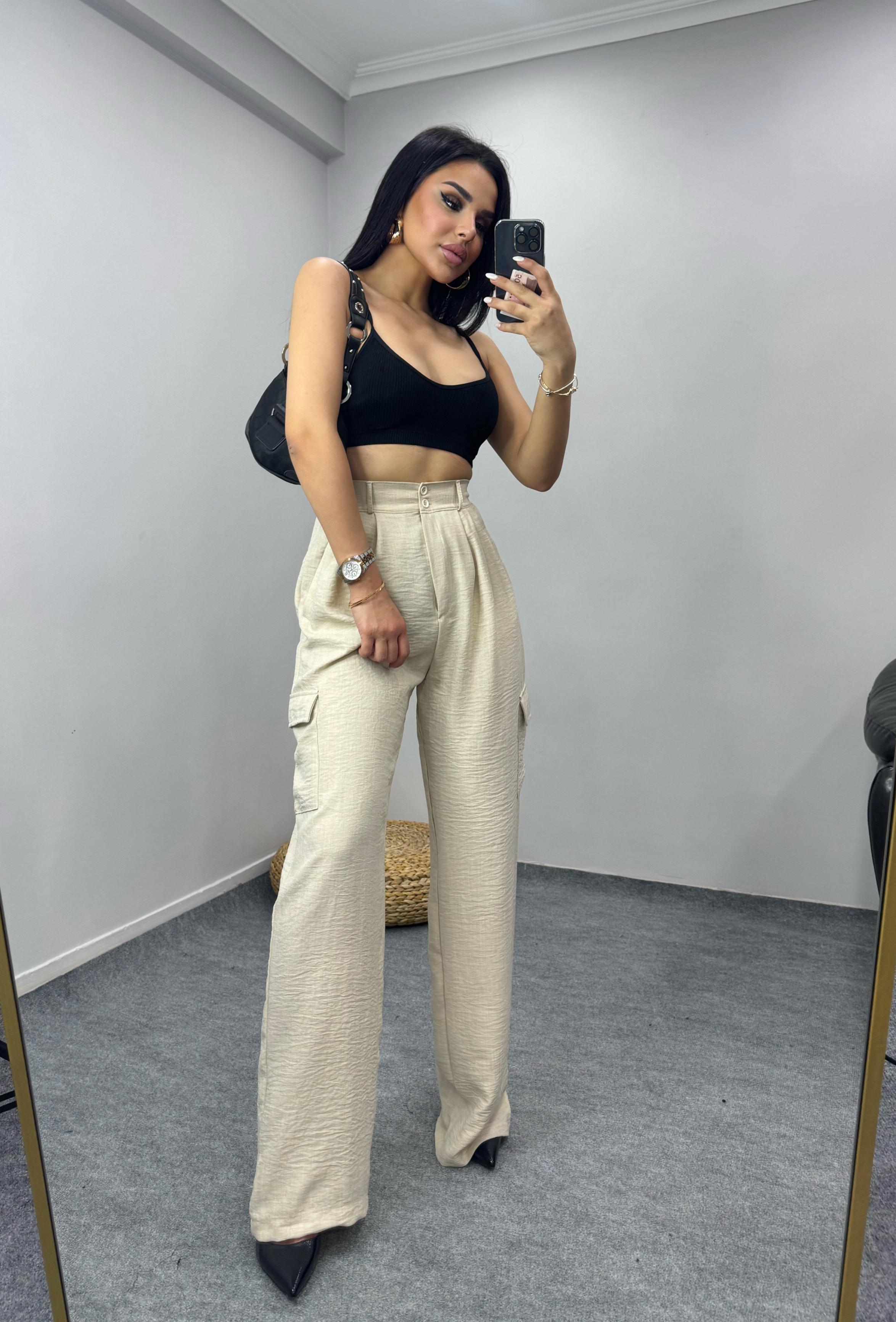 Loly Keten Kargo Pantolon Taş