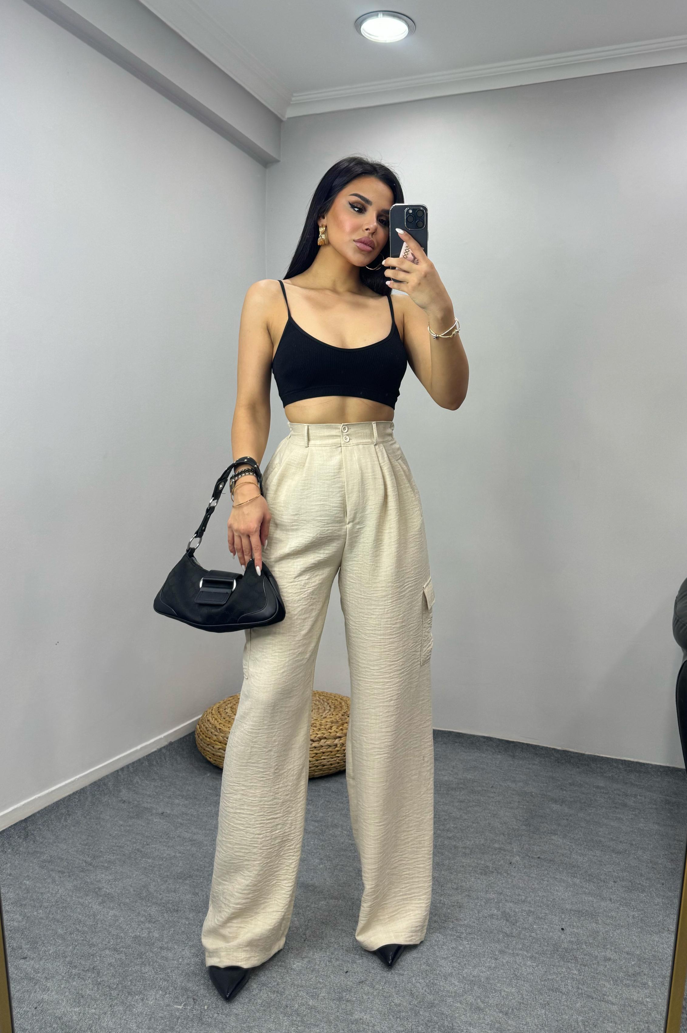 Loly Keten Kargo Pantolon Taş