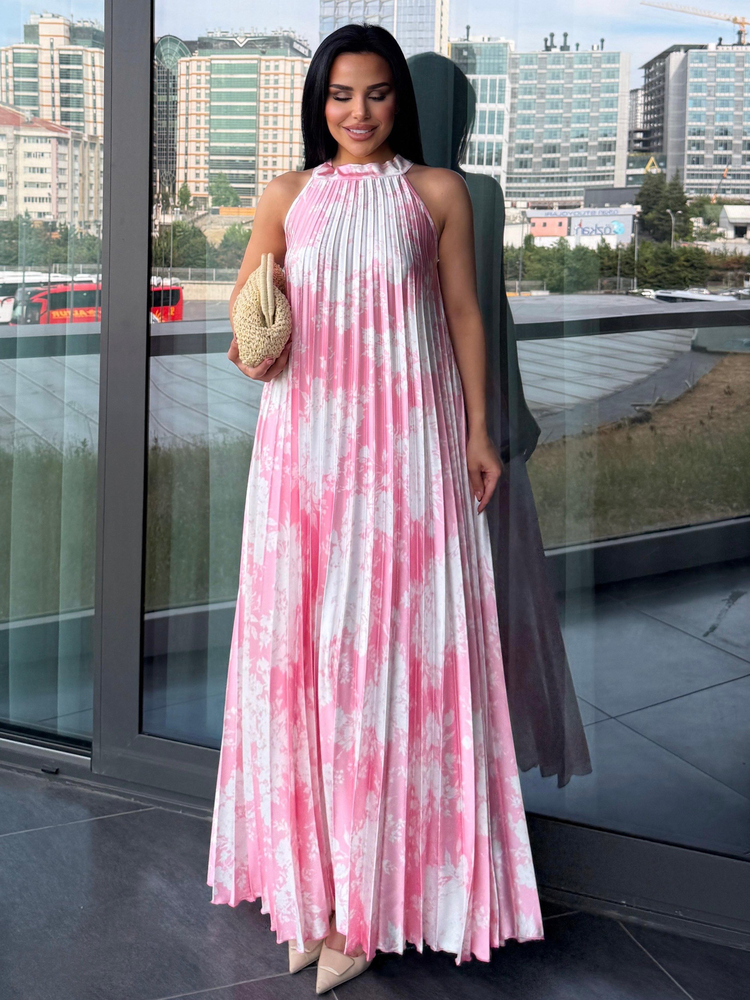 Margarit  Desenli Saten Elbise Pembe