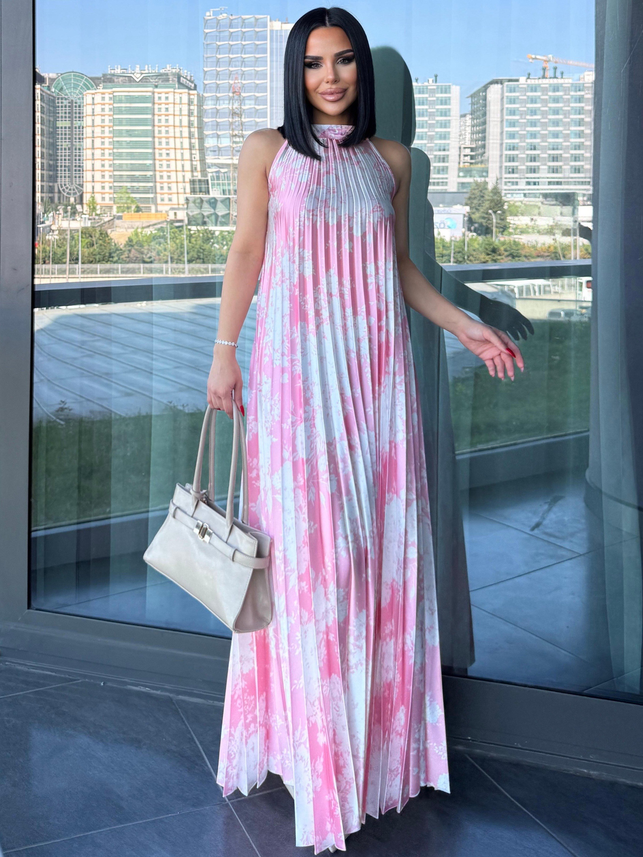 Margarit  Desenli Saten Elbise Pembe