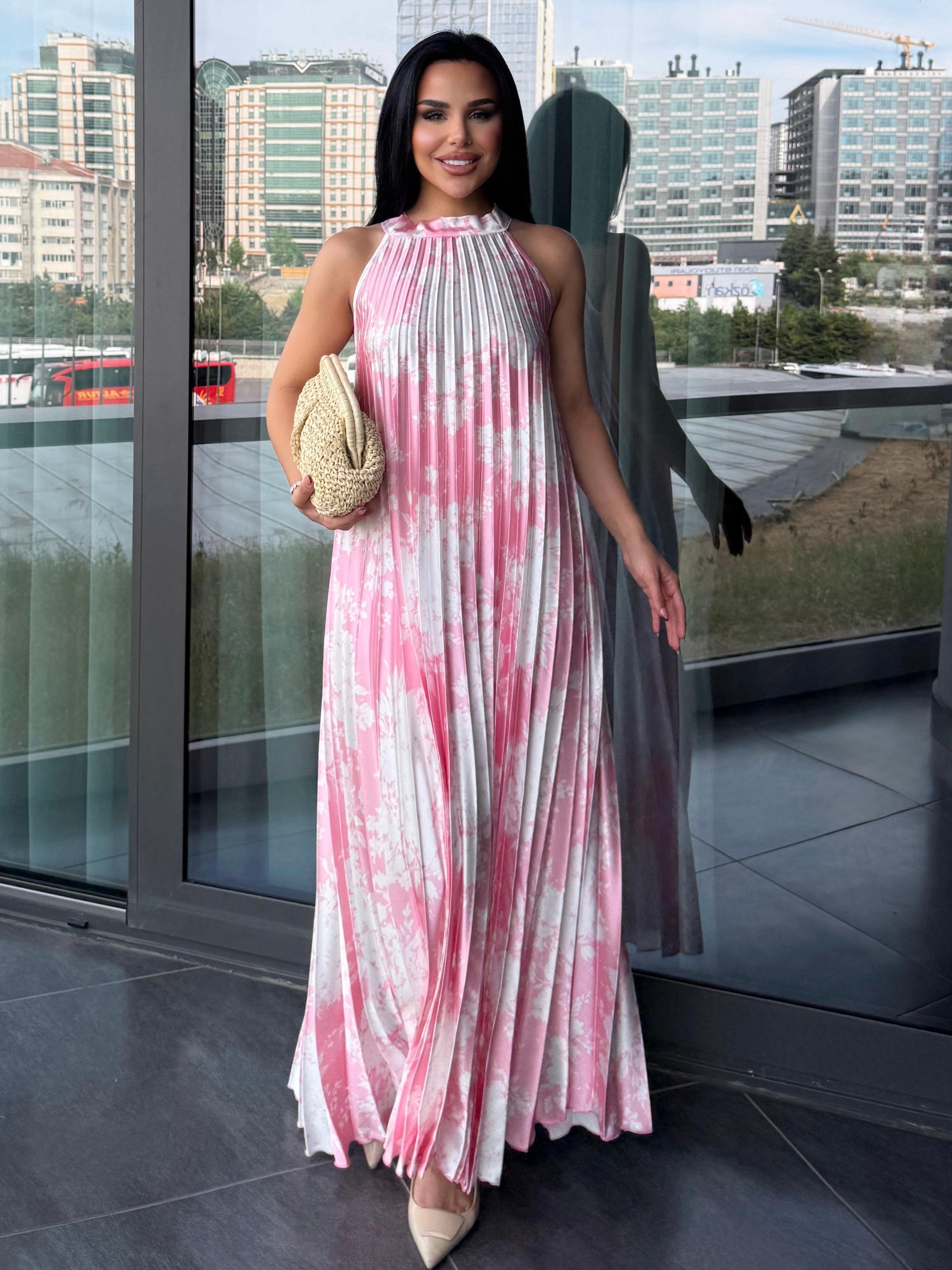 Margarit  Desenli Saten Elbise Pembe