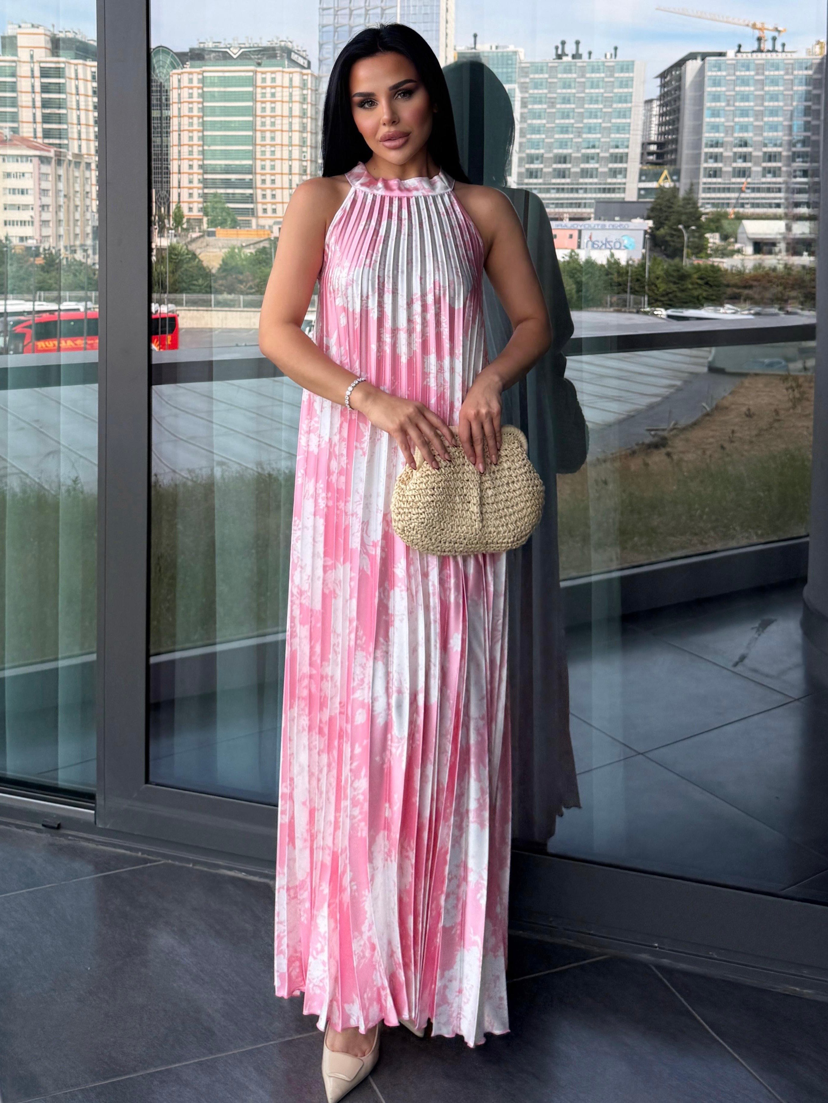 Margarit  Desenli Saten Elbise Pembe