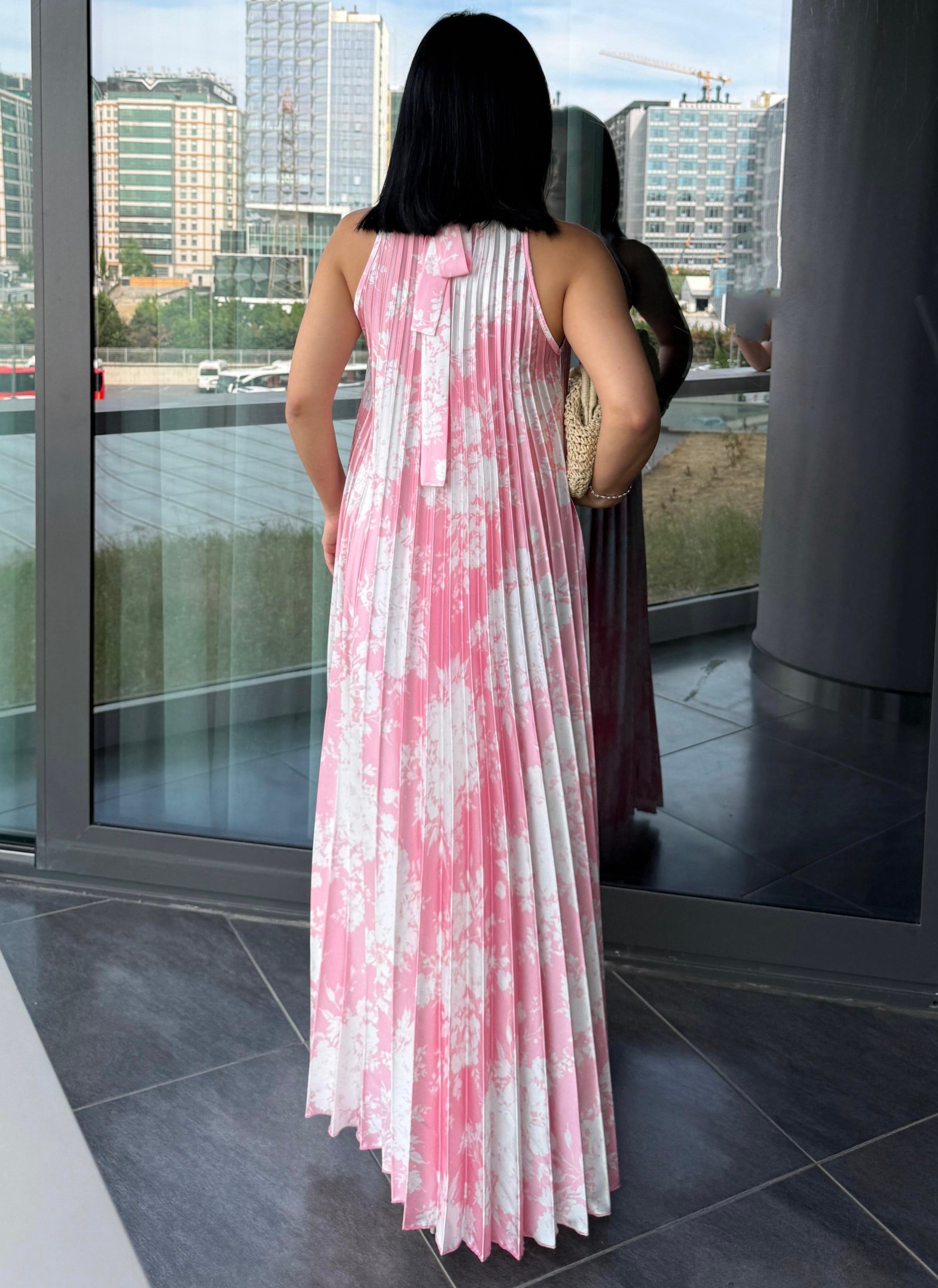 Margarit  Desenli Saten Elbise Pembe