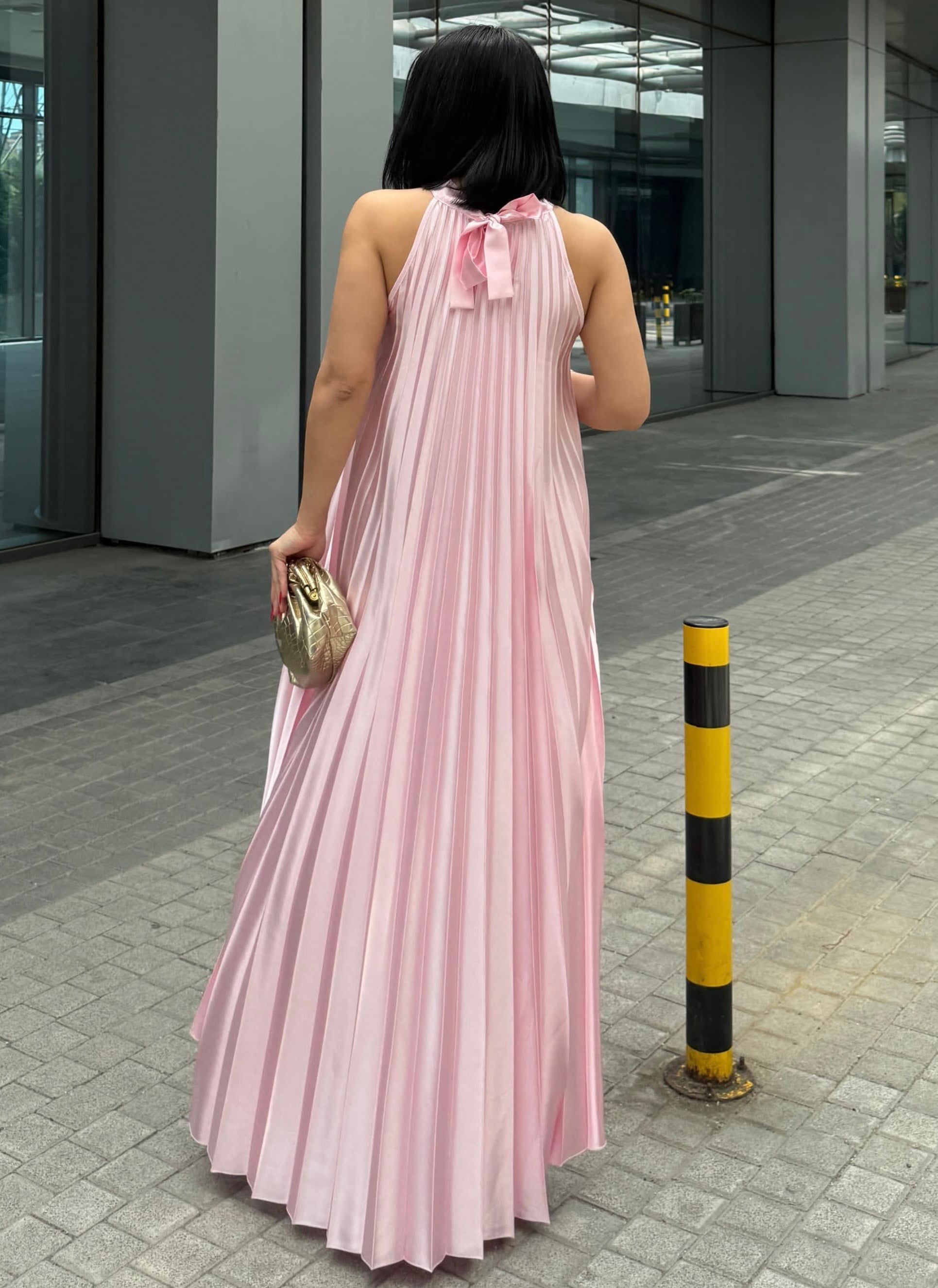 Matcha Boyundan Bağlamalı Saten Elbise Pembe