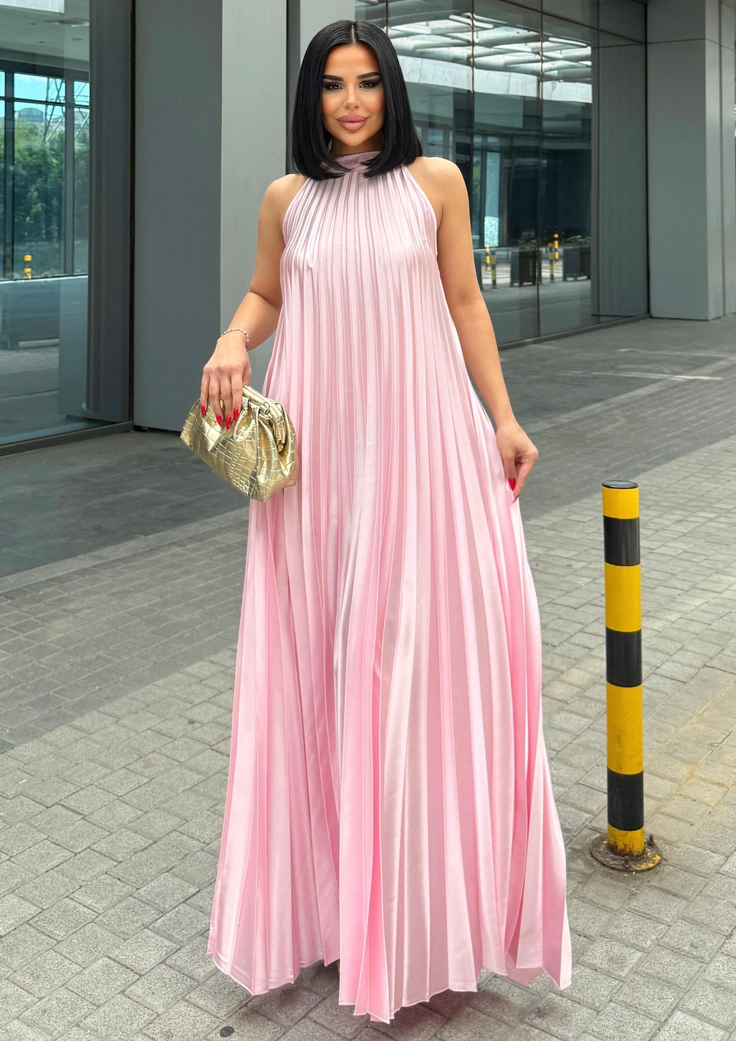 Matcha Boyundan Bağlamalı Saten Elbise Pembe