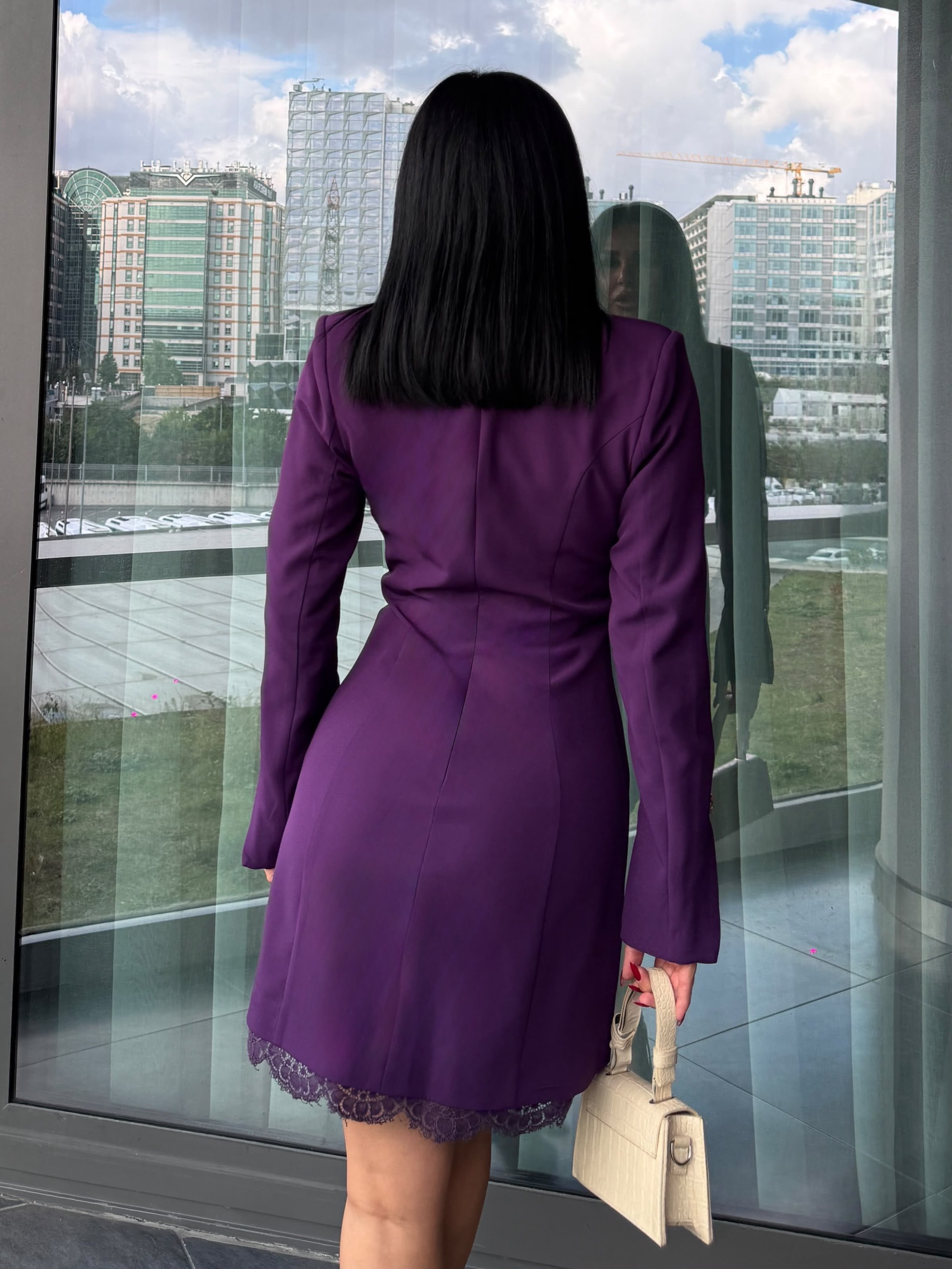 Mervas Dantel Detaylı Ceket Elbise Mor