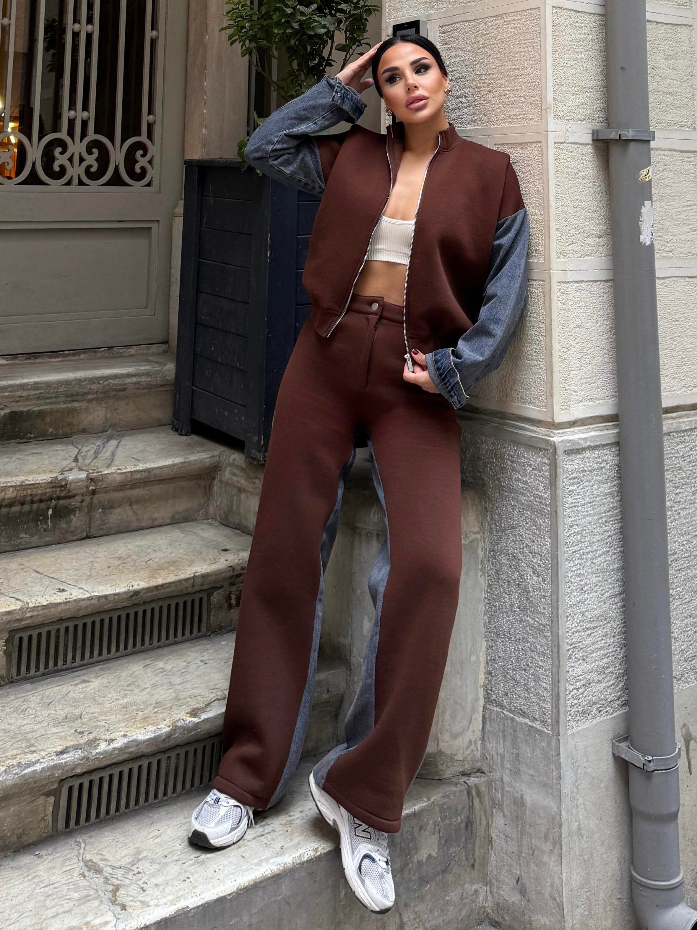 Milena  Denim Garnili Takım Kahve