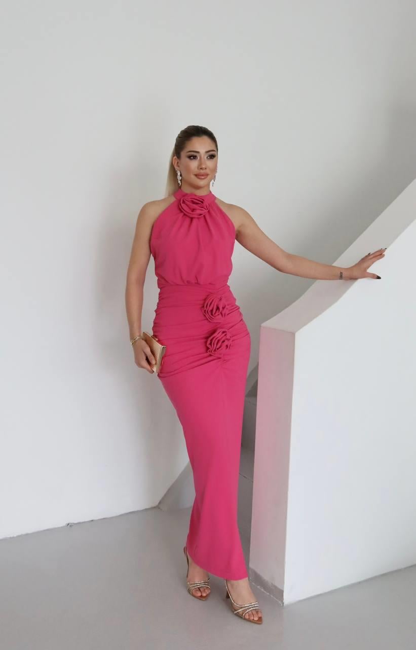 Molis Gül Detaylı Abiye Elbise Pembe