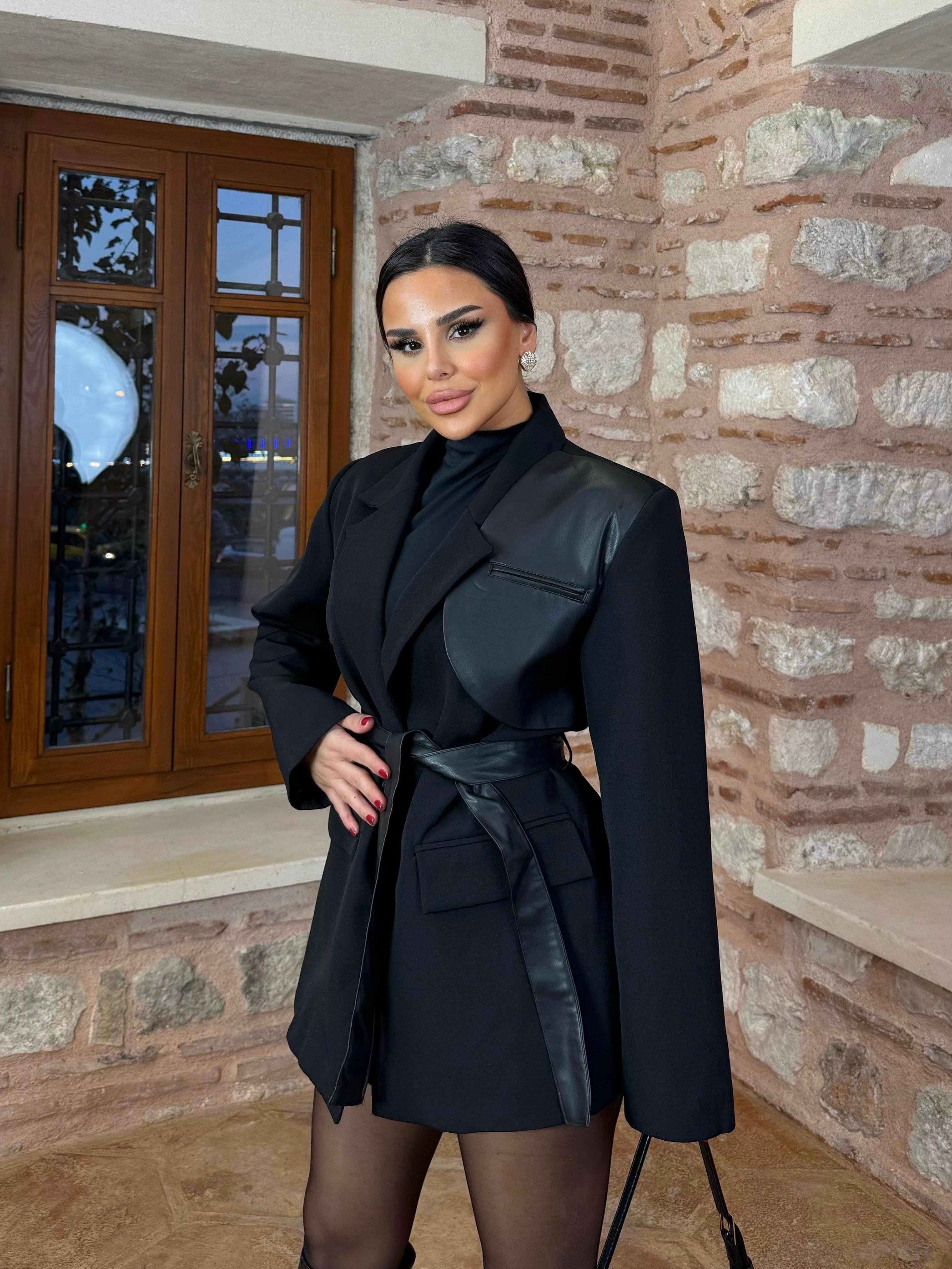 Move Deri Detaylı Blazer Ceket Siyah