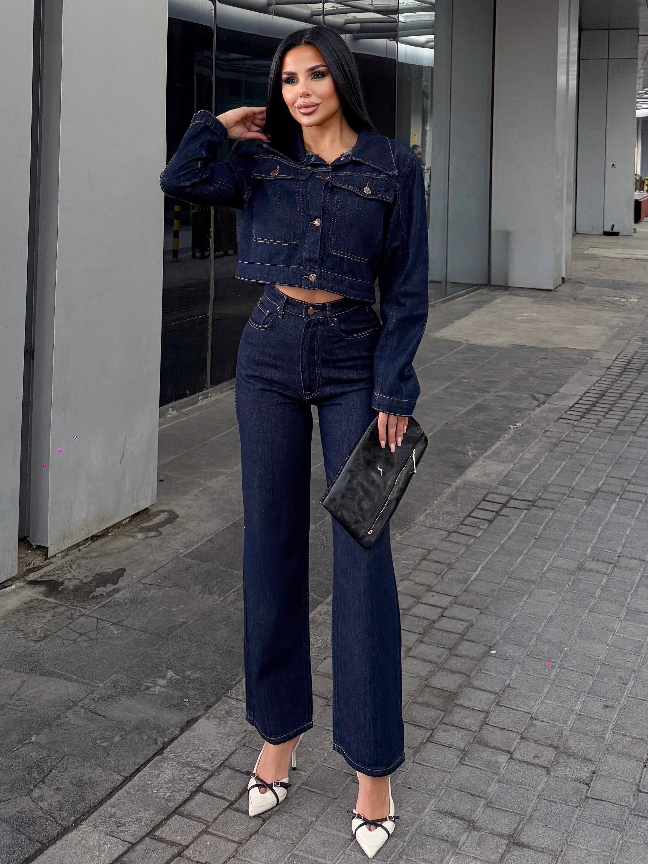 Nasse Kürk Yaka Detaylı Denim Takım Lacivert