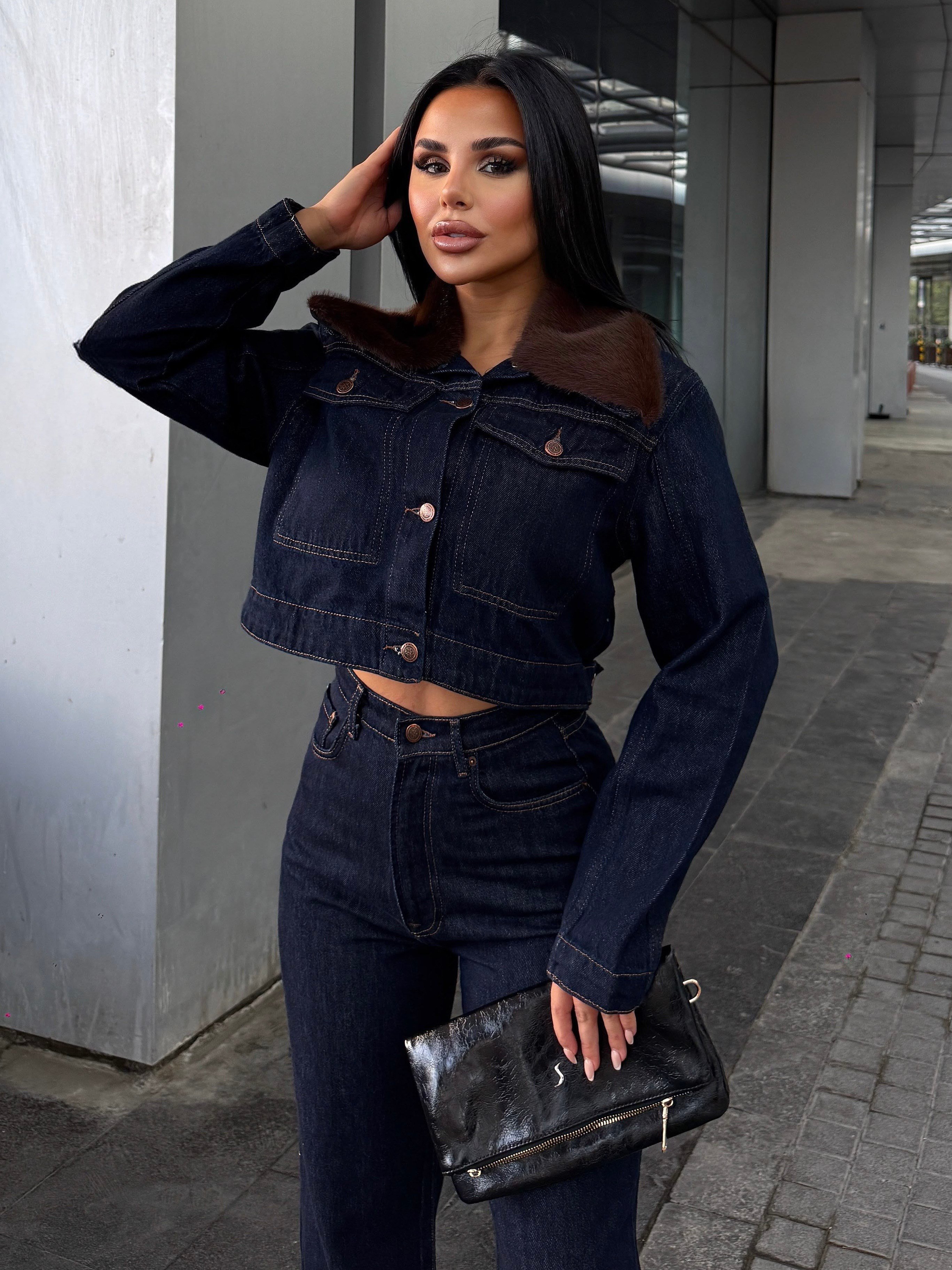 Nasse Kürk Yaka Detaylı Denim Takım Lacivert
