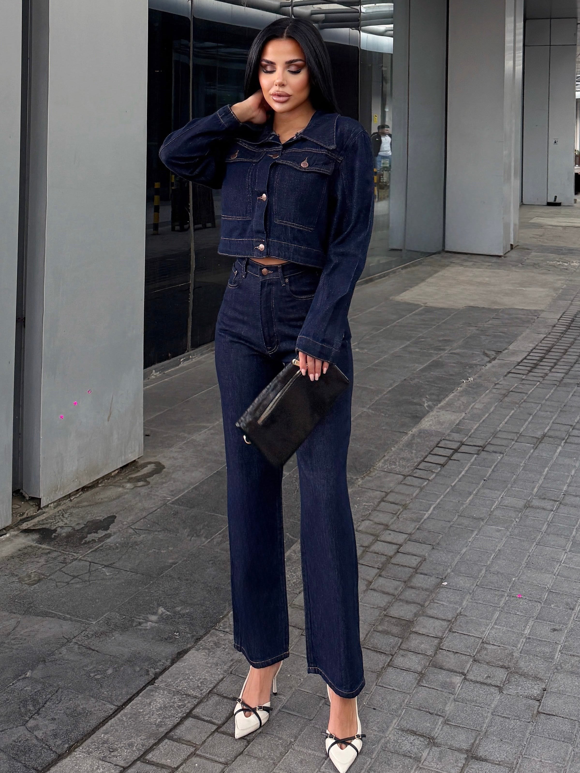 Nasse Kürk Yaka Detaylı Denim Takım Lacivert