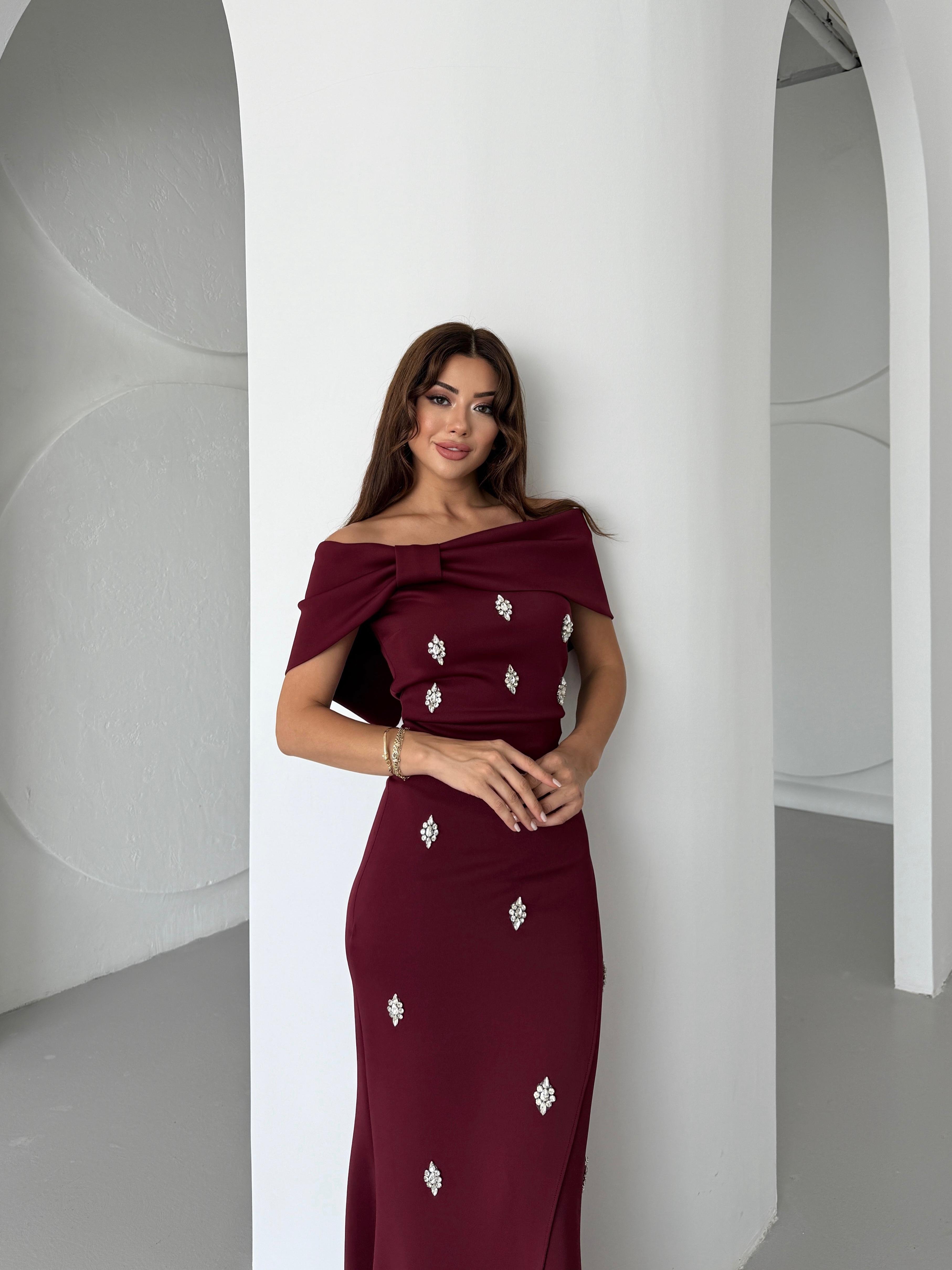 Nepali Taş Detaylı Abiye Elbise Bordo