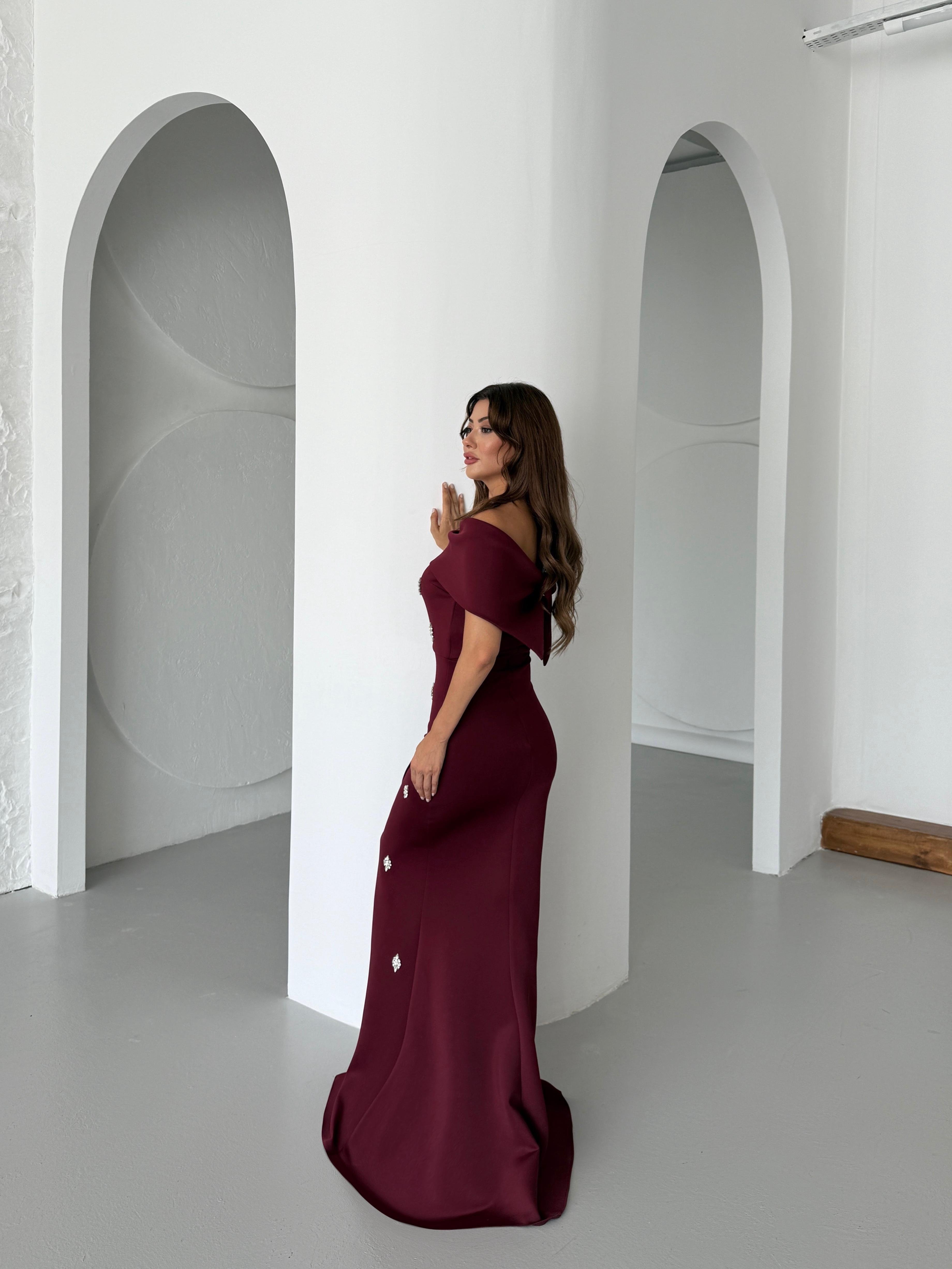 Nepali Taş Detaylı Abiye Elbise Bordo