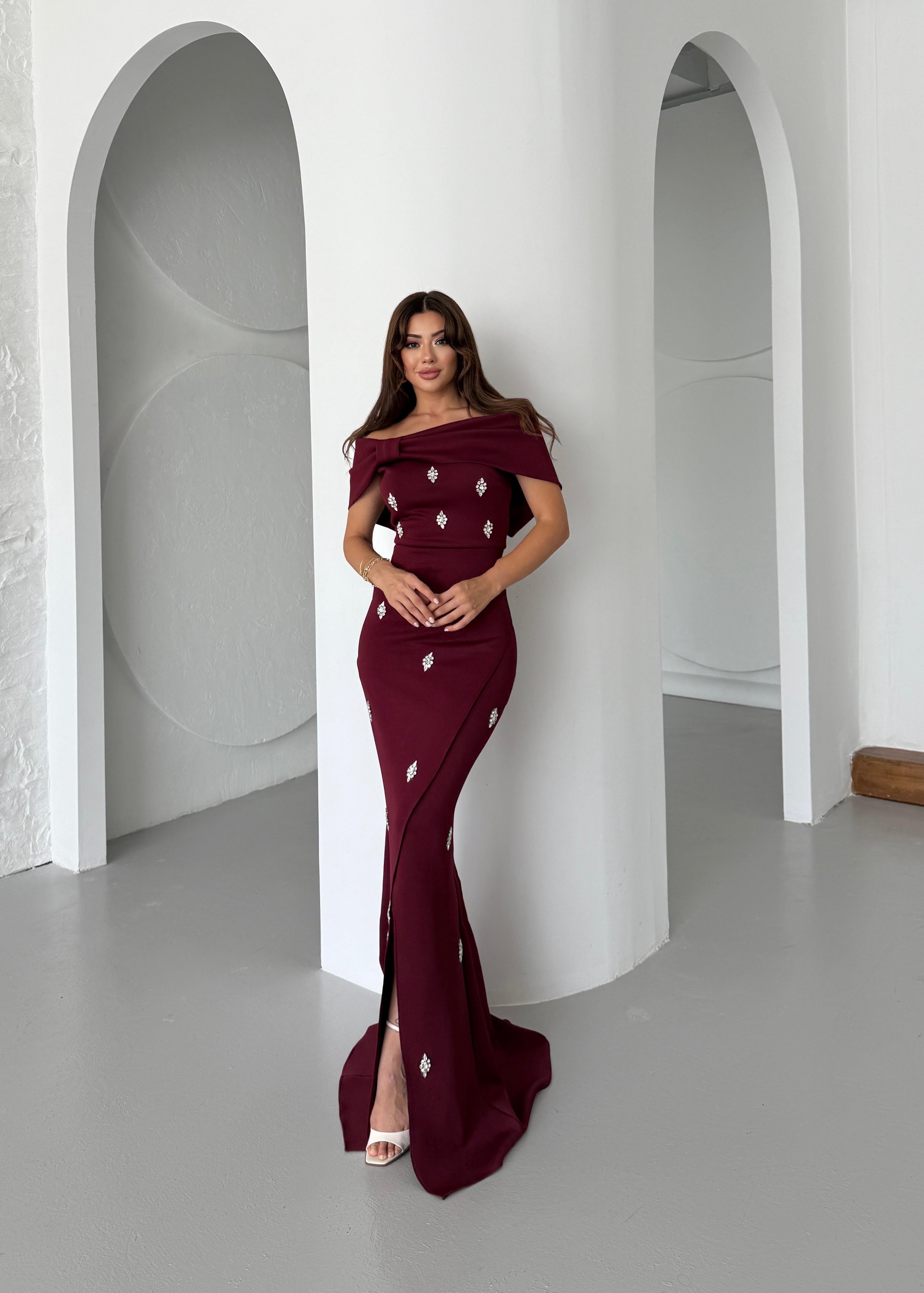 Nepali Taş Detaylı Abiye Elbise Bordo
