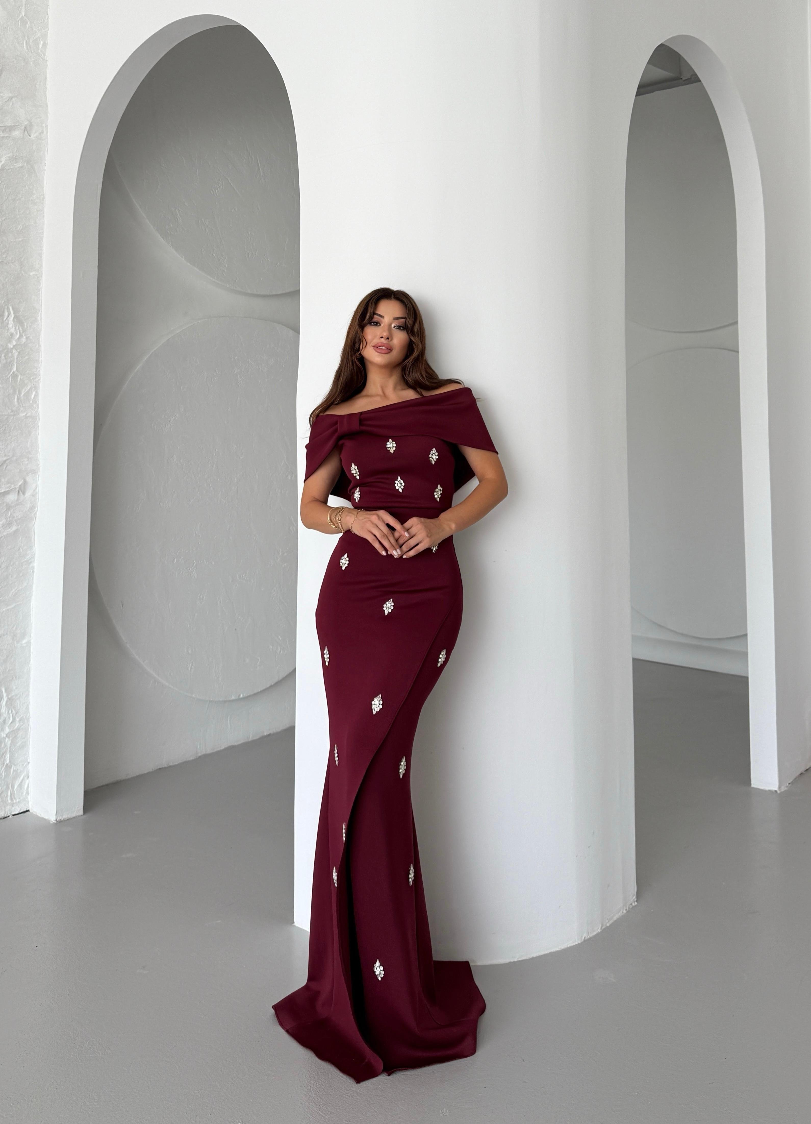 Nepali Taş Detaylı Abiye Elbise Bordo