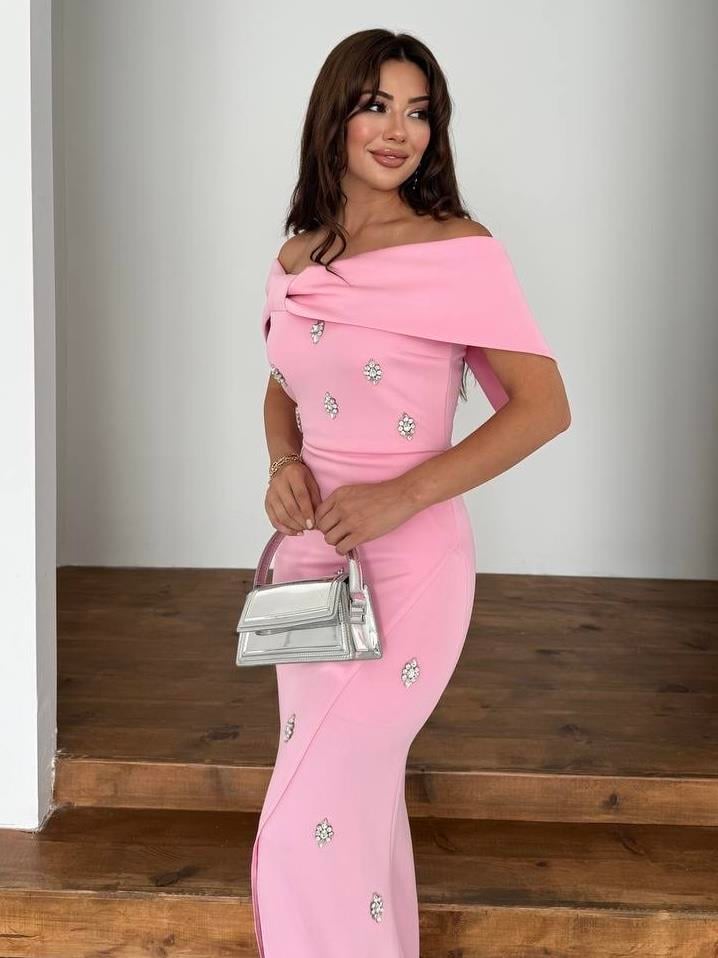 Nepali Taş Detaylı Abiye Elbise Pembe