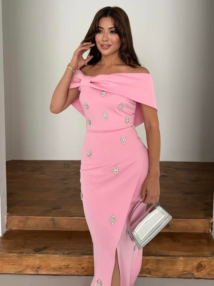 Nepali Taş Detaylı Abiye Elbise Pembe