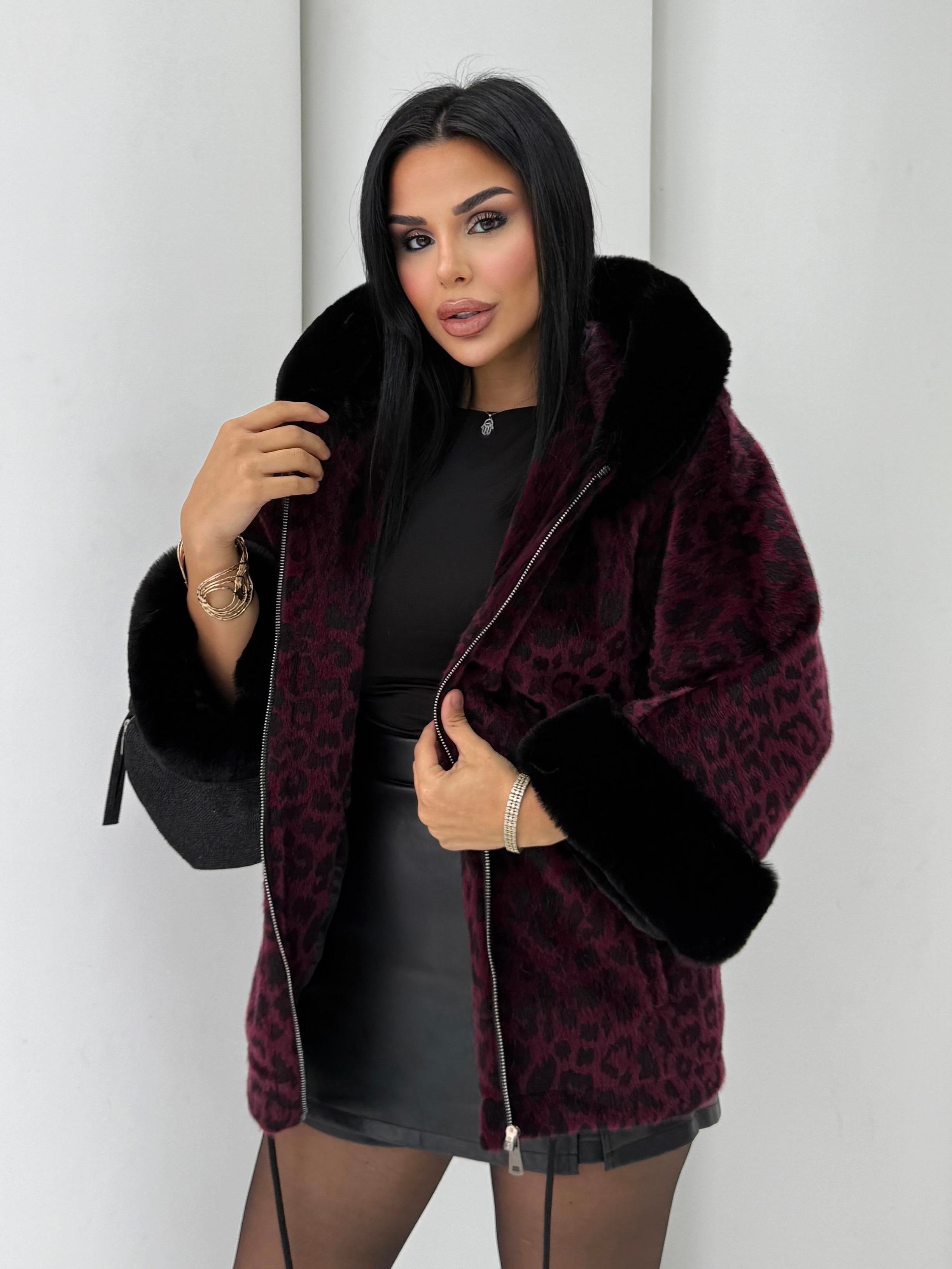 Ozina Leopar Desenli Kürk Bordo