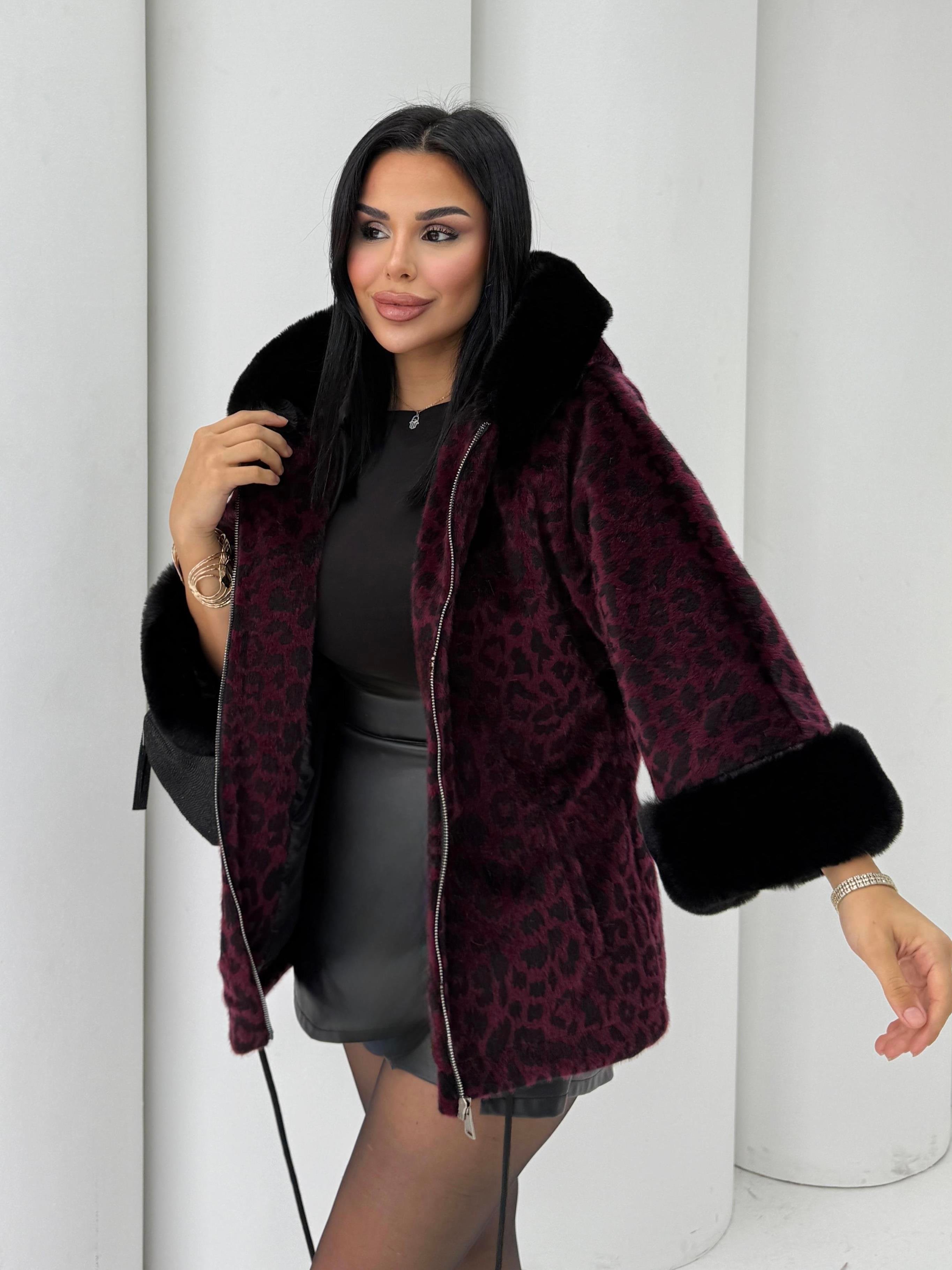 Ozina Leopar Desenli Kürk Bordo