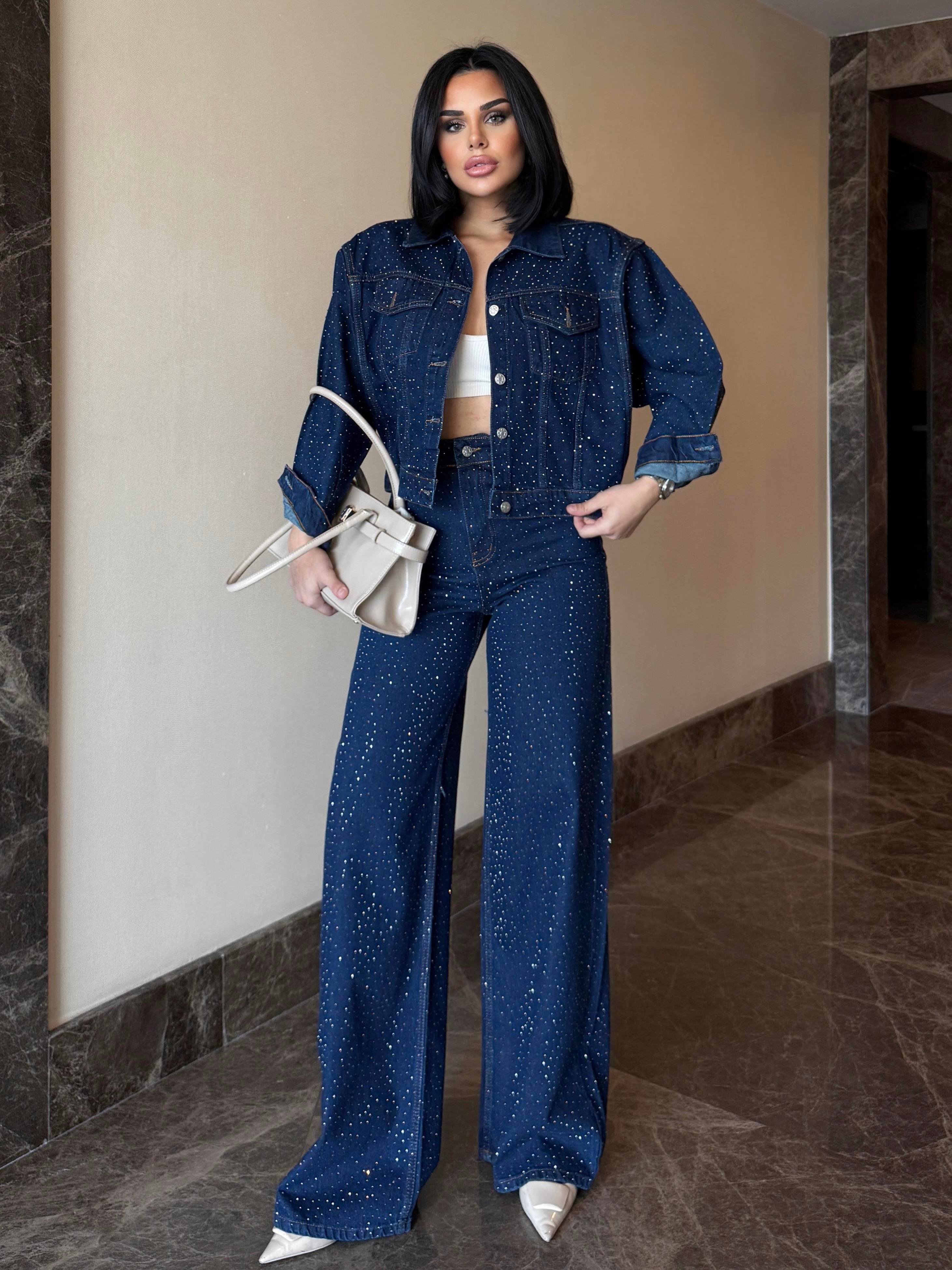 Parlas Taş İşleme Detaylı Denim Takım Mavi