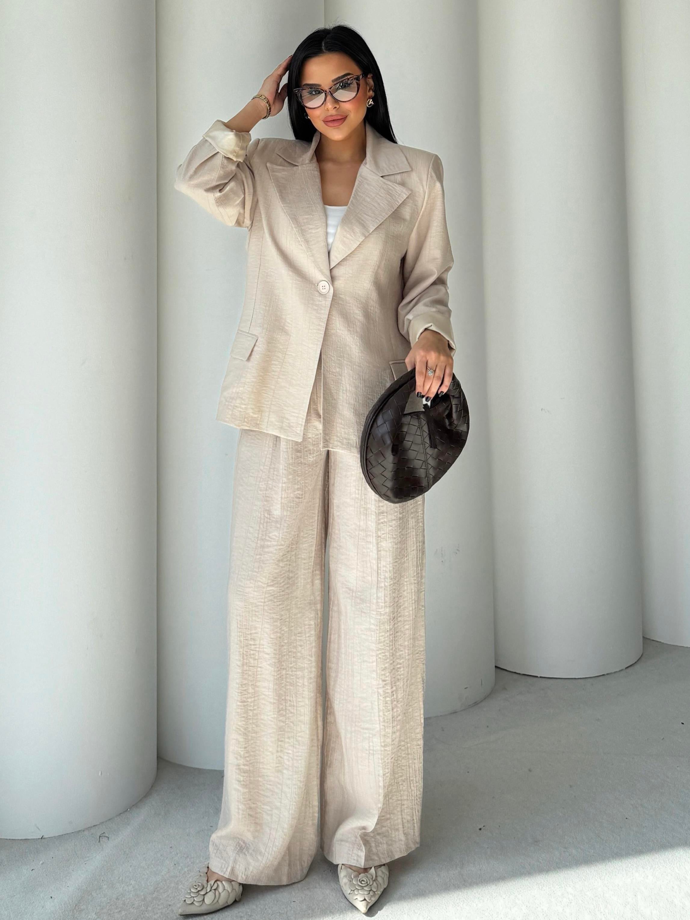 Pety Blazer Ceketli Keten Takım Bej