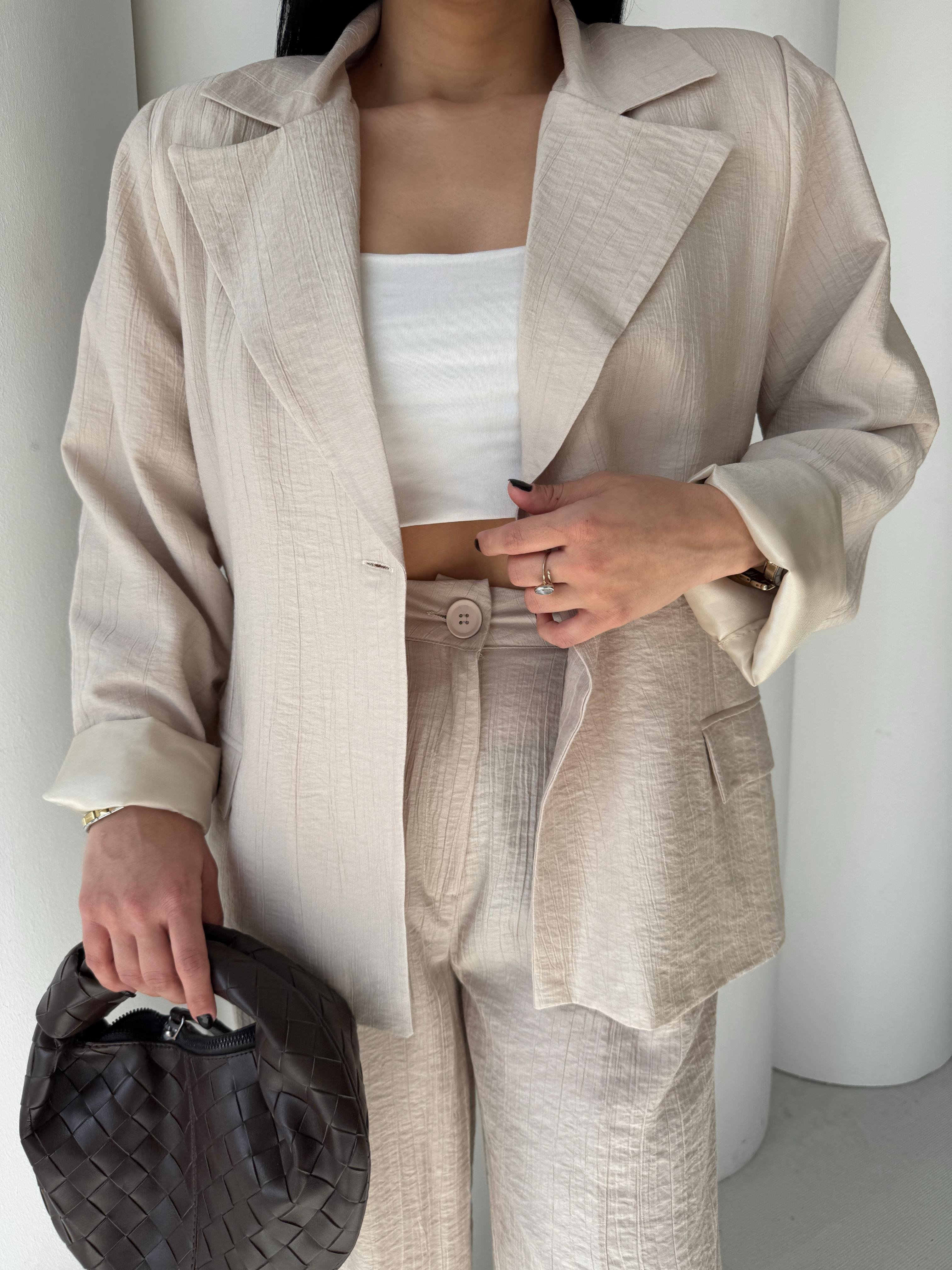 Pety Blazer Ceketli Keten Takım Bej