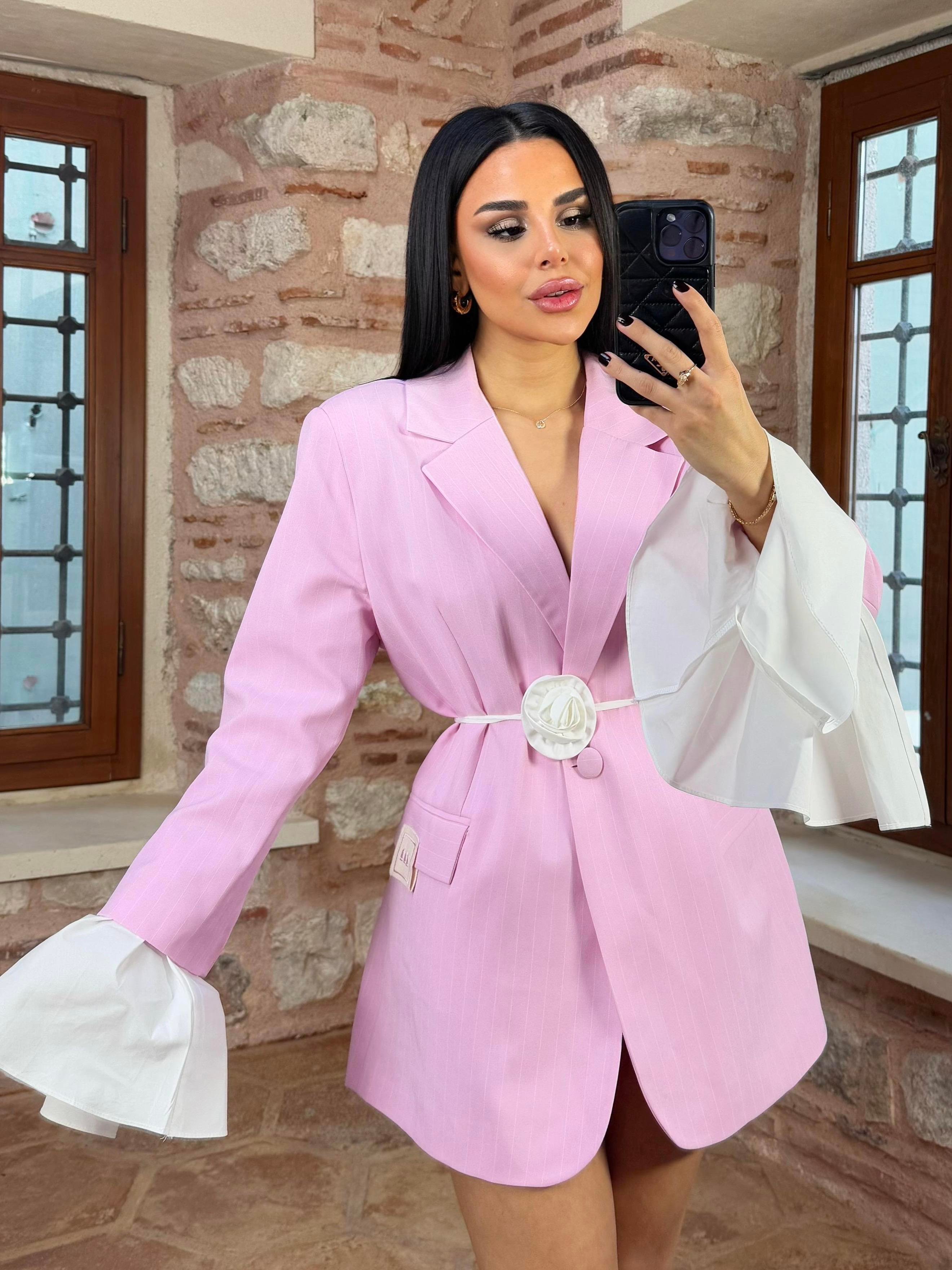 Poly Gül Kemer Detaylı Çizgili Blazer Ceket Şeker Pembe