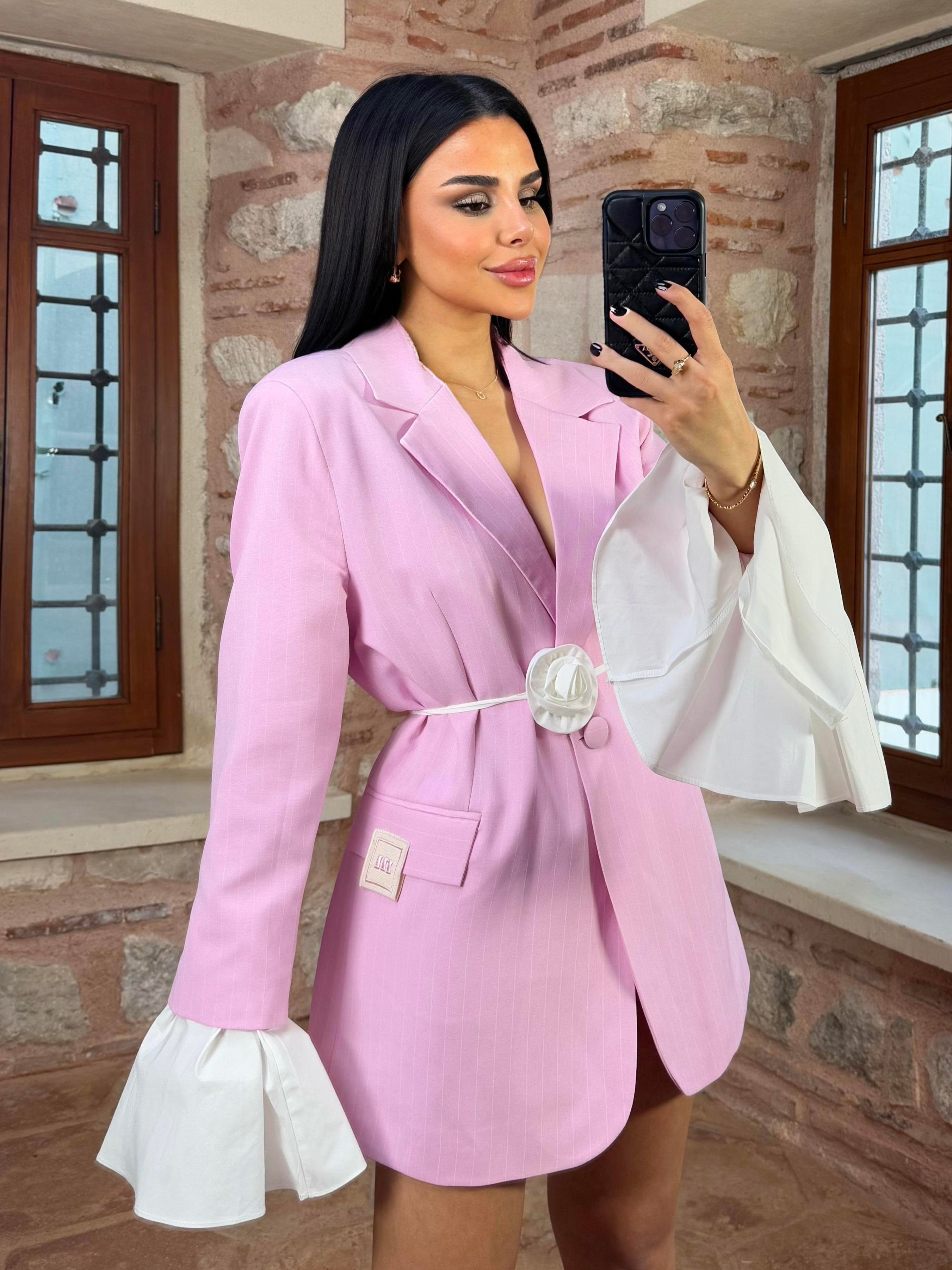 Poly Gül Kemer Detaylı Çizgili Blazer Ceket Şeker Pembe